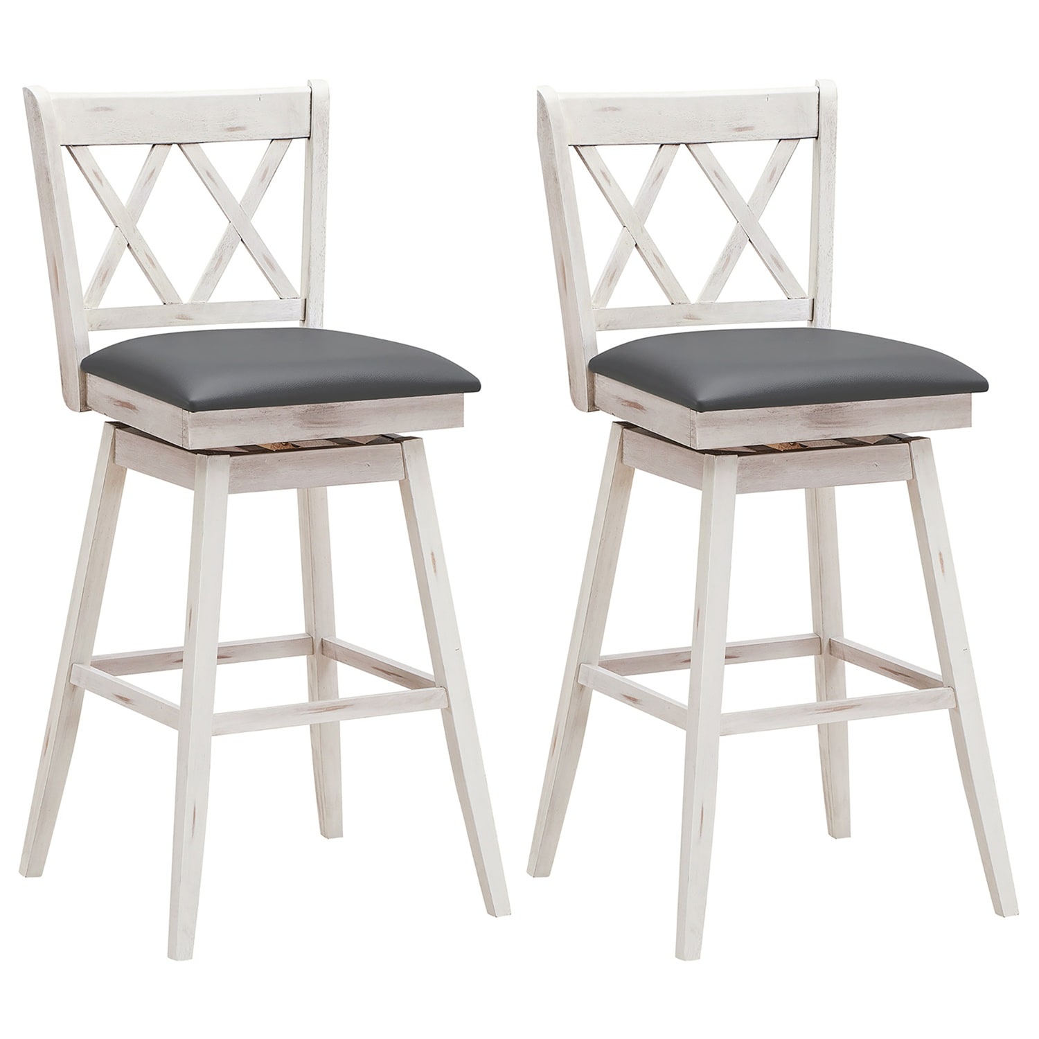 Costway CSHY000282 Set of 2 Barstools Swivel Bar Height Chairs with Rubber Wood Legs Antique White