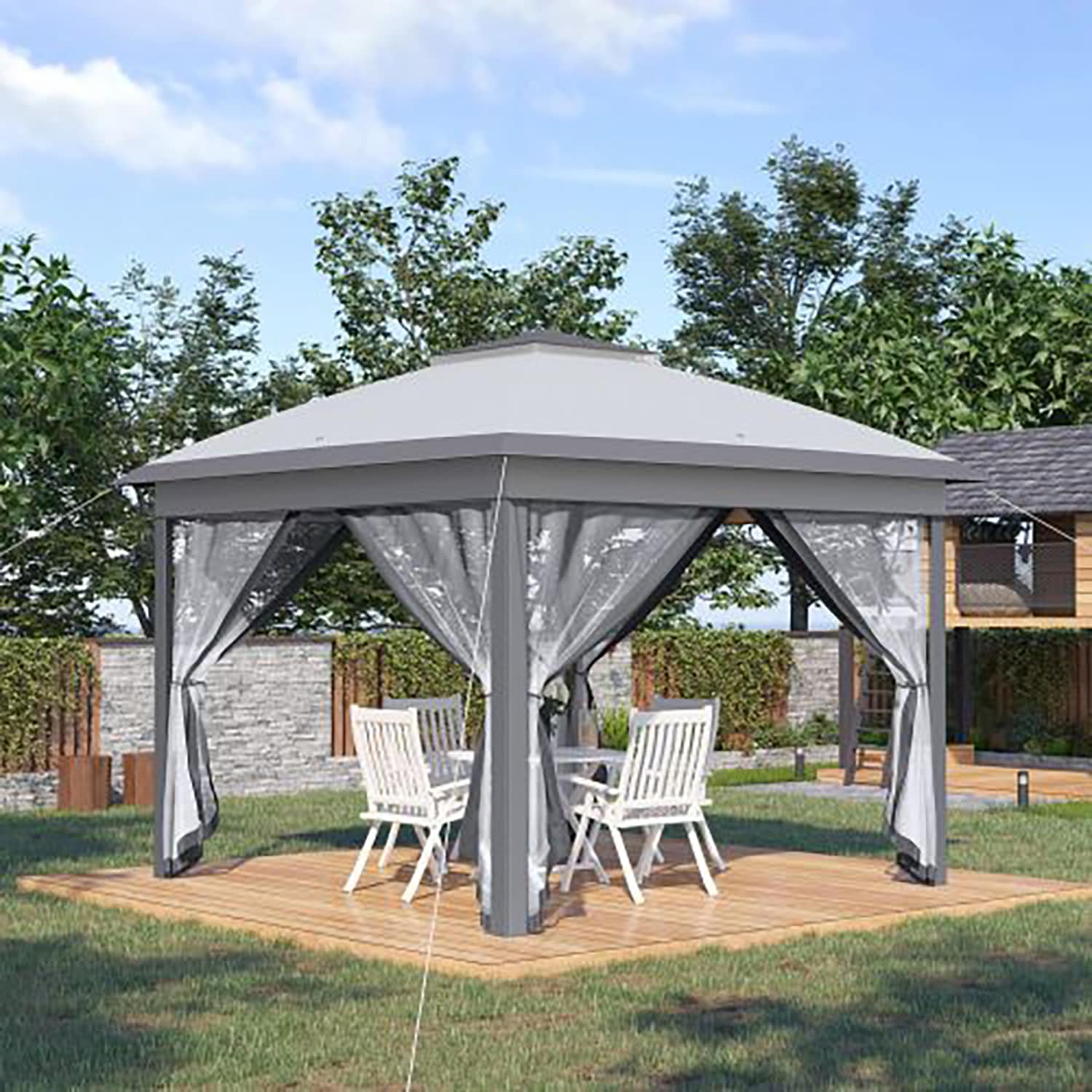 GZMR GM-AB-00595 11-ft x 11-ft Grey Square Gazebo with Hardtop Steel Roof (Screen Included)