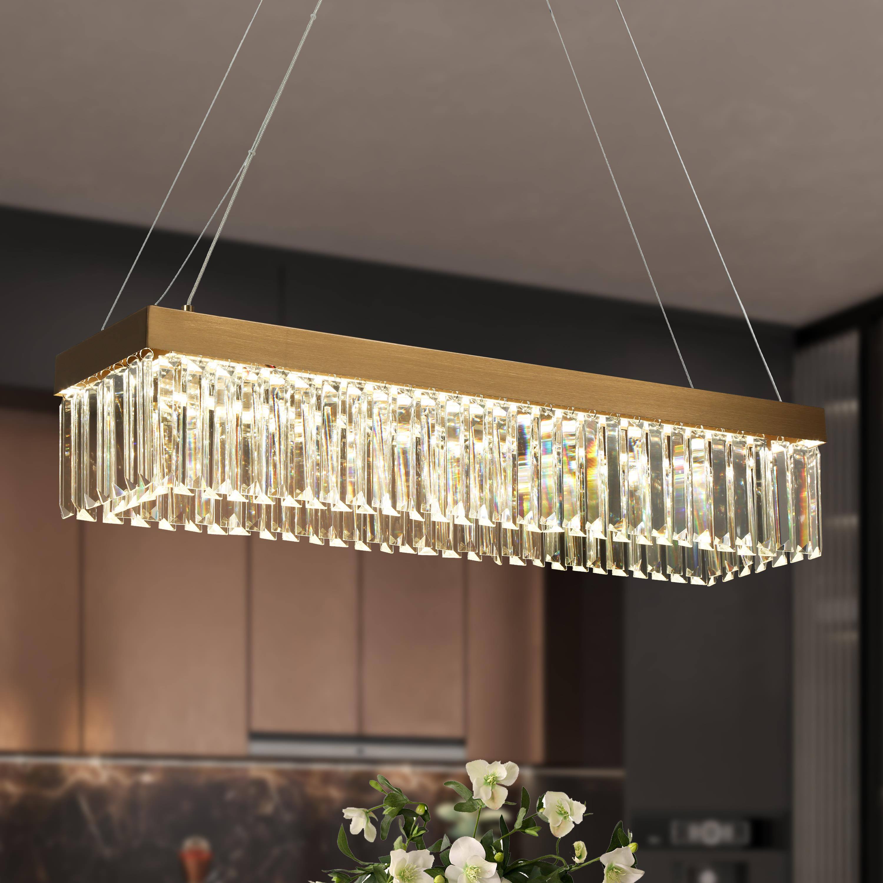 LNC HA05106 Labradorite 1 -Light Satin Gold and Crystal Modern/contemporary Clear glass Linear Integrated LED Large Hanging Kitchen island light