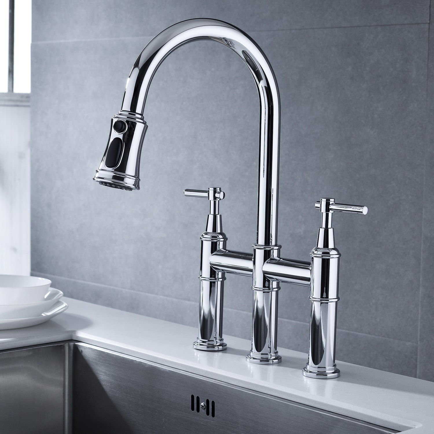 Damerin KT-ZF-07 Chrome Double Handle Deck-mount Pull-down Kitchen Faucet with Sprayer ( Side Sprayer Included )