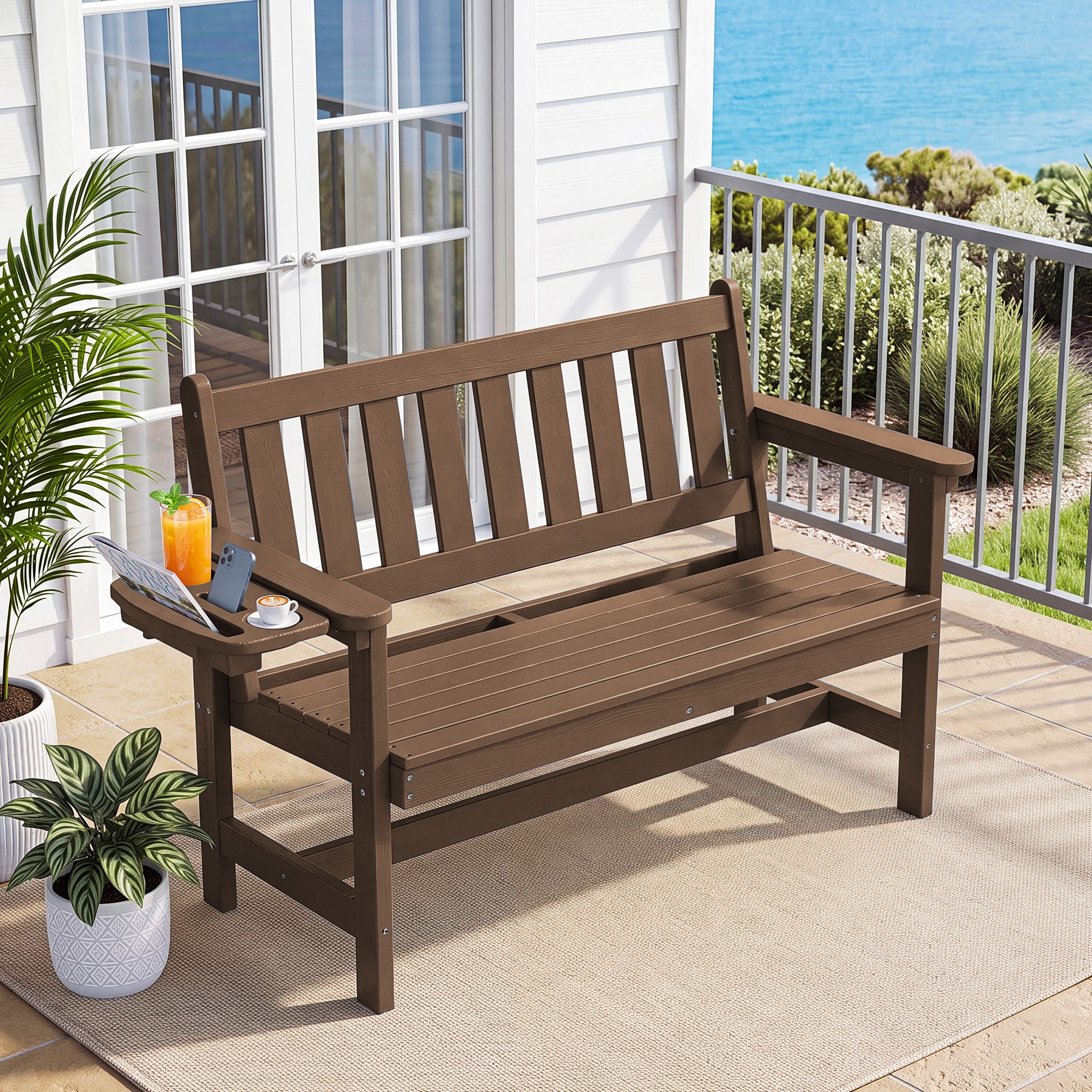JEAREY - Outdoor 2-Person Garden Bench with Side Holder 49.41-in W x 35.04-in H Brown HDPE Garden...