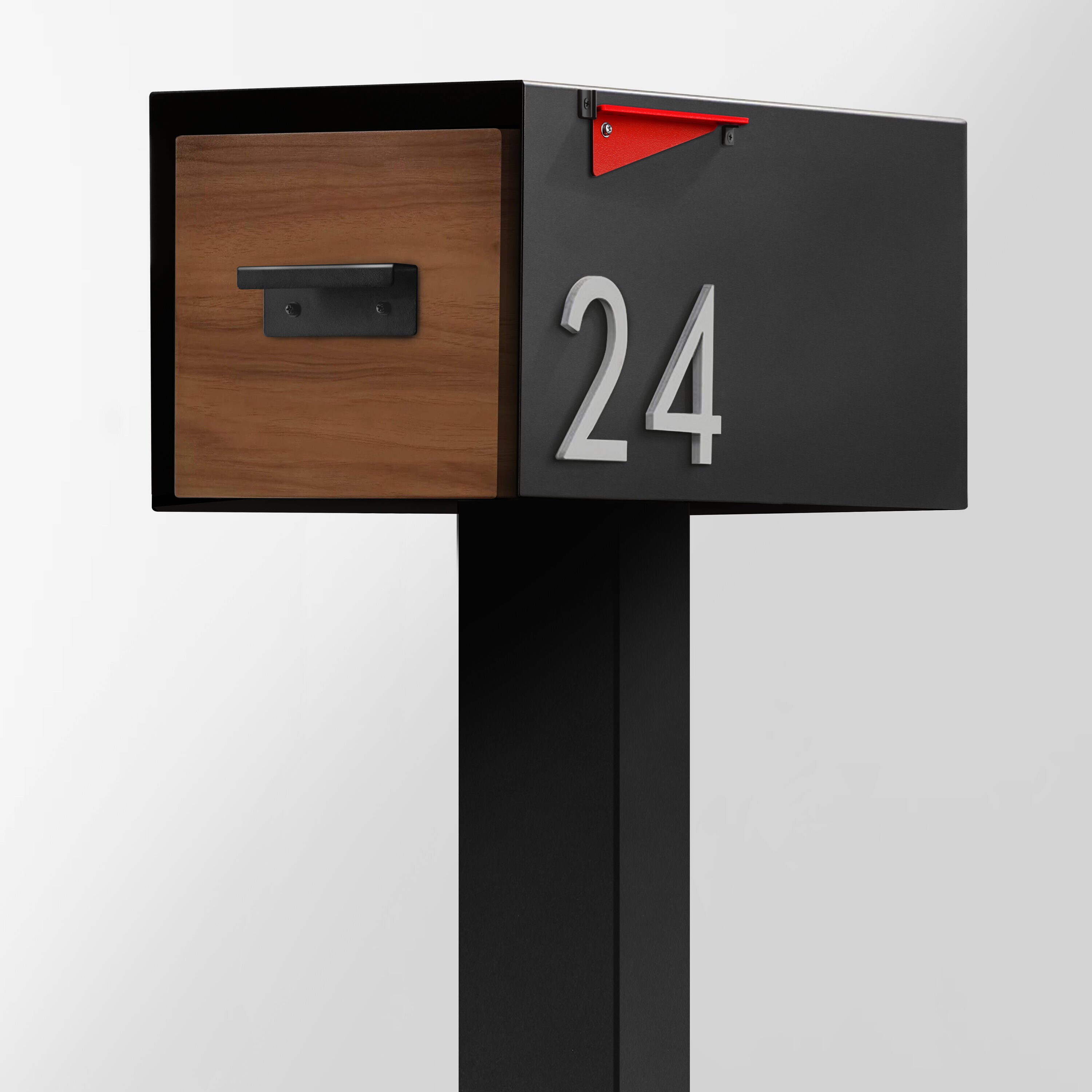 Malone Black Steel Mailbox with Brass Number and Wood-Styled Door