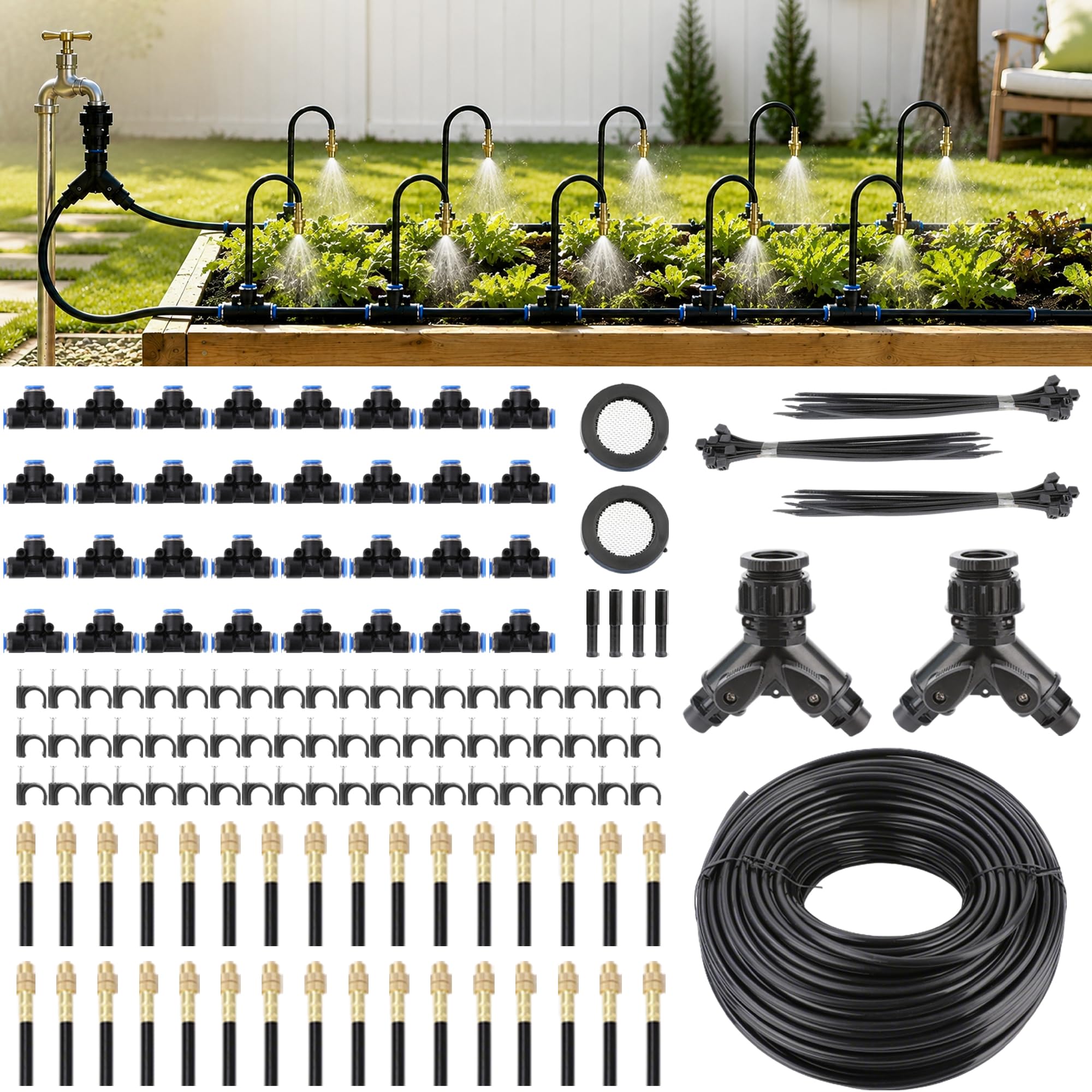 KIWDZFU  360 Degree Adjustable Micro Drip Irrigation System with 32 Brass Sprinkler Heads and Bendable Stems Automatic Watering Kit with One