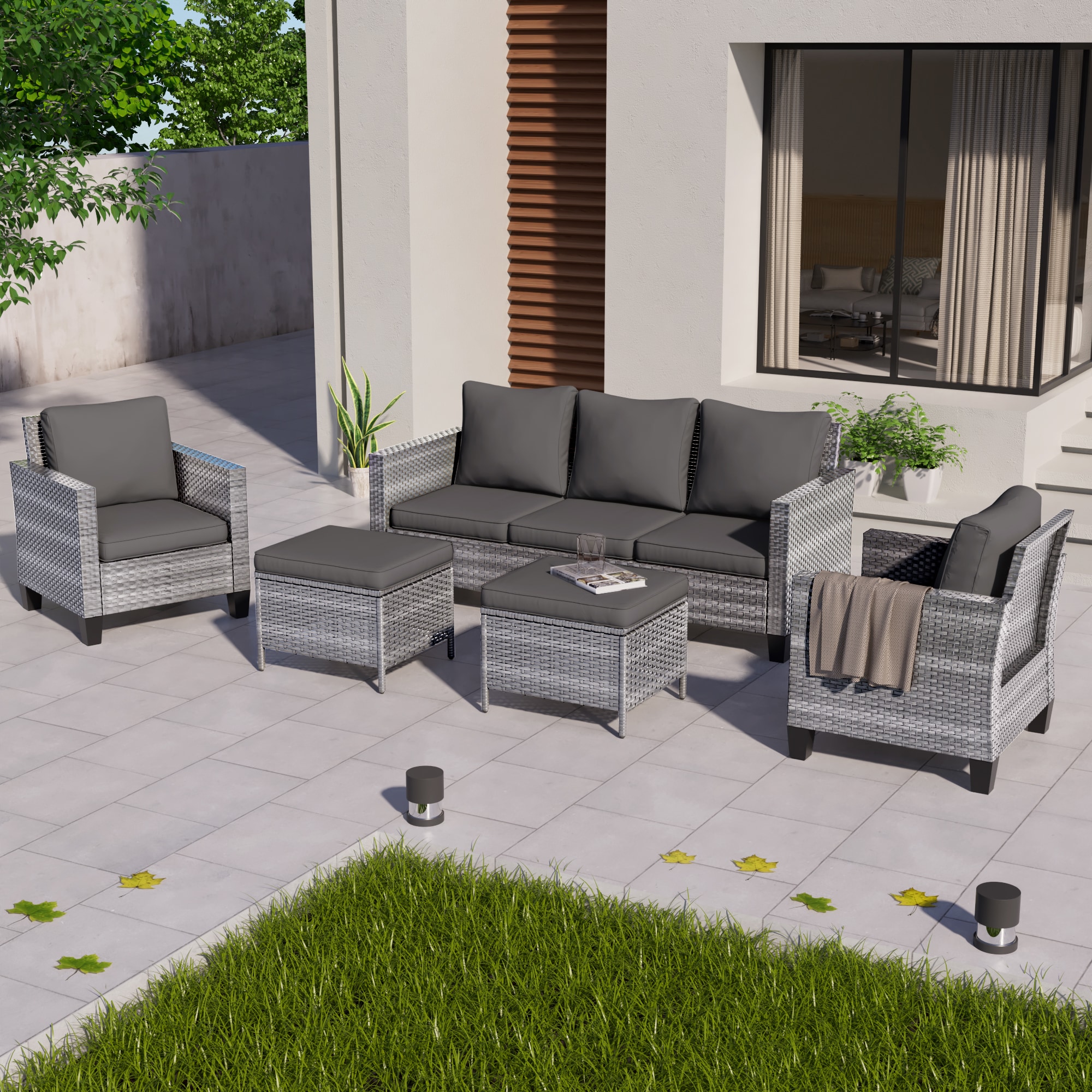ACEGOSES LW-115HGY-T3 5-Piece Wicker Patio Sofa Conversation Set with Gray Cushions