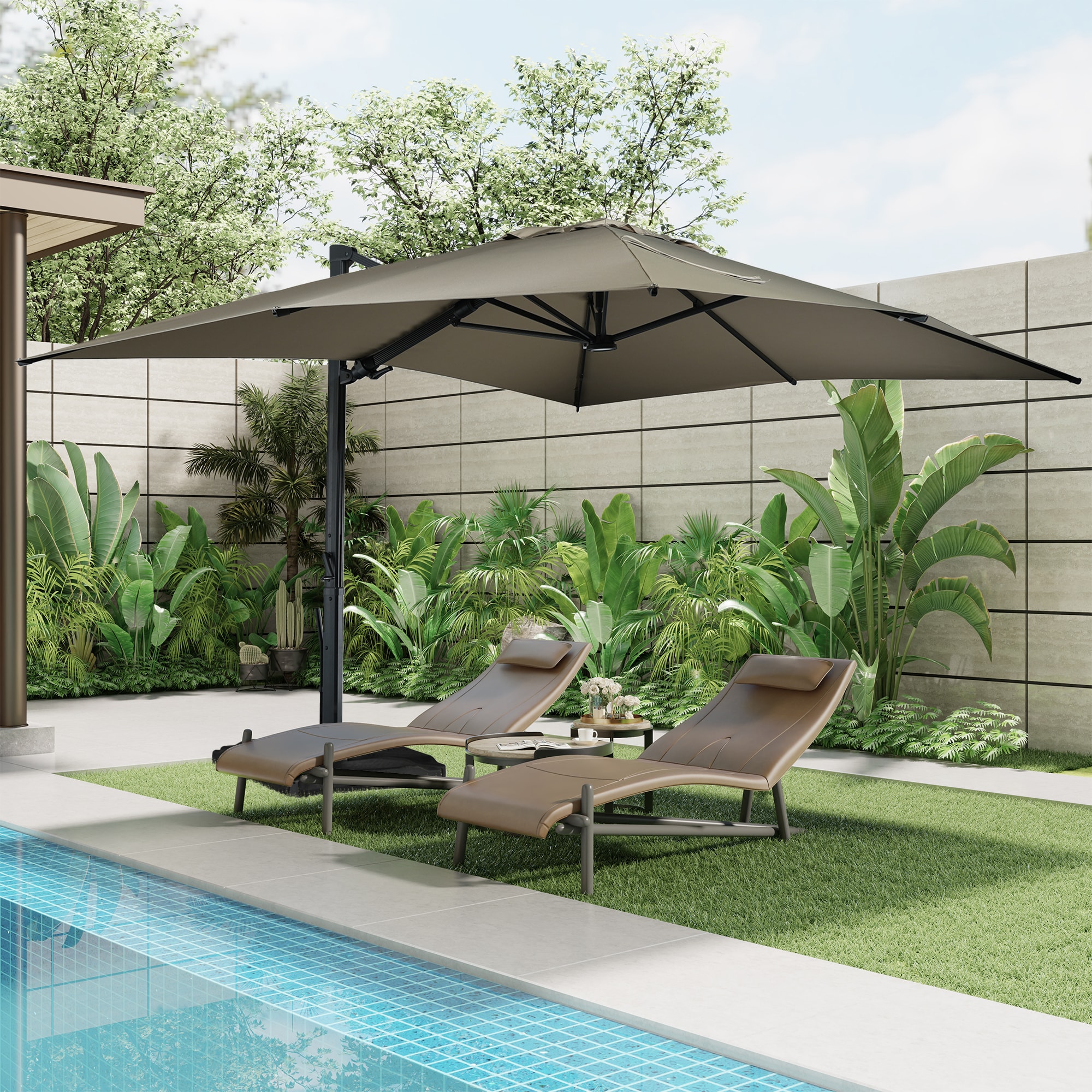 Clihome - 13-ft Aluminum Brown Crank Cantilever Patio Umbrella with Base