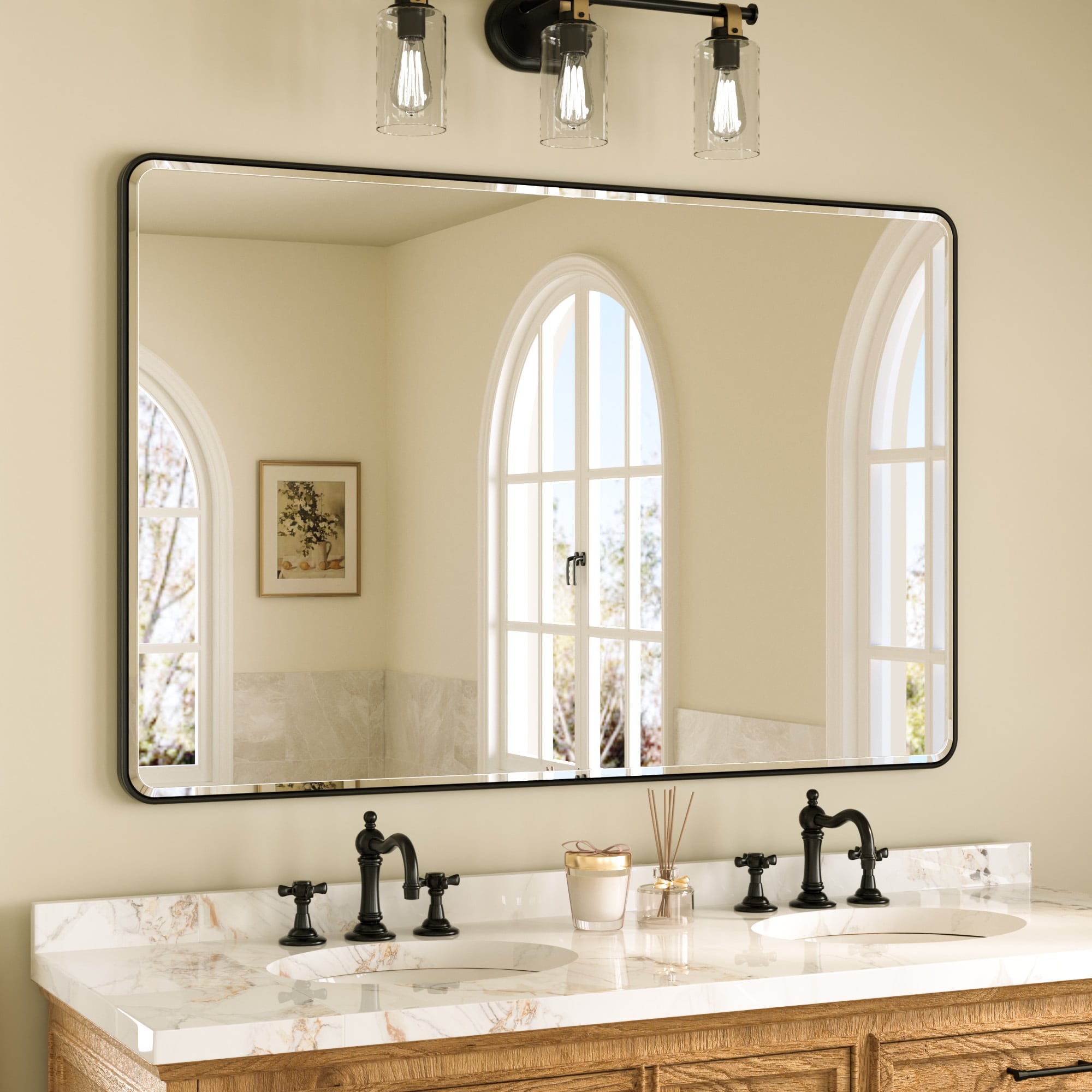TETOTE 55x36 Inch Matte Black Framed Rectangle Bathroom Vanity Mirror #LSC-TE-5536BK-B82