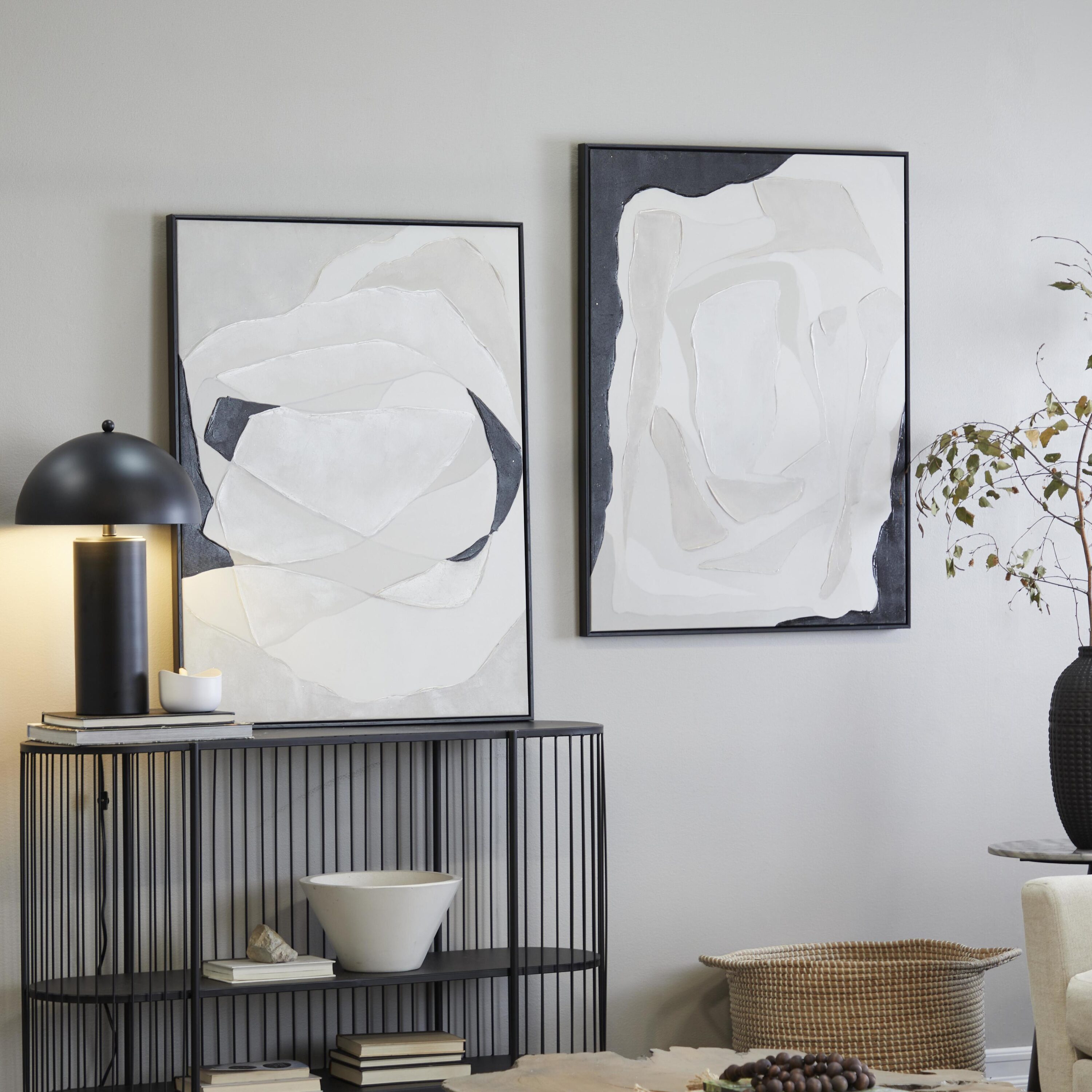Grayson Lane 25120 Set of 2 Contemporary Wall Art White Polystone Abstract Black Wood Framed 39.5-in H x 30-in W Abstract Wood Painting