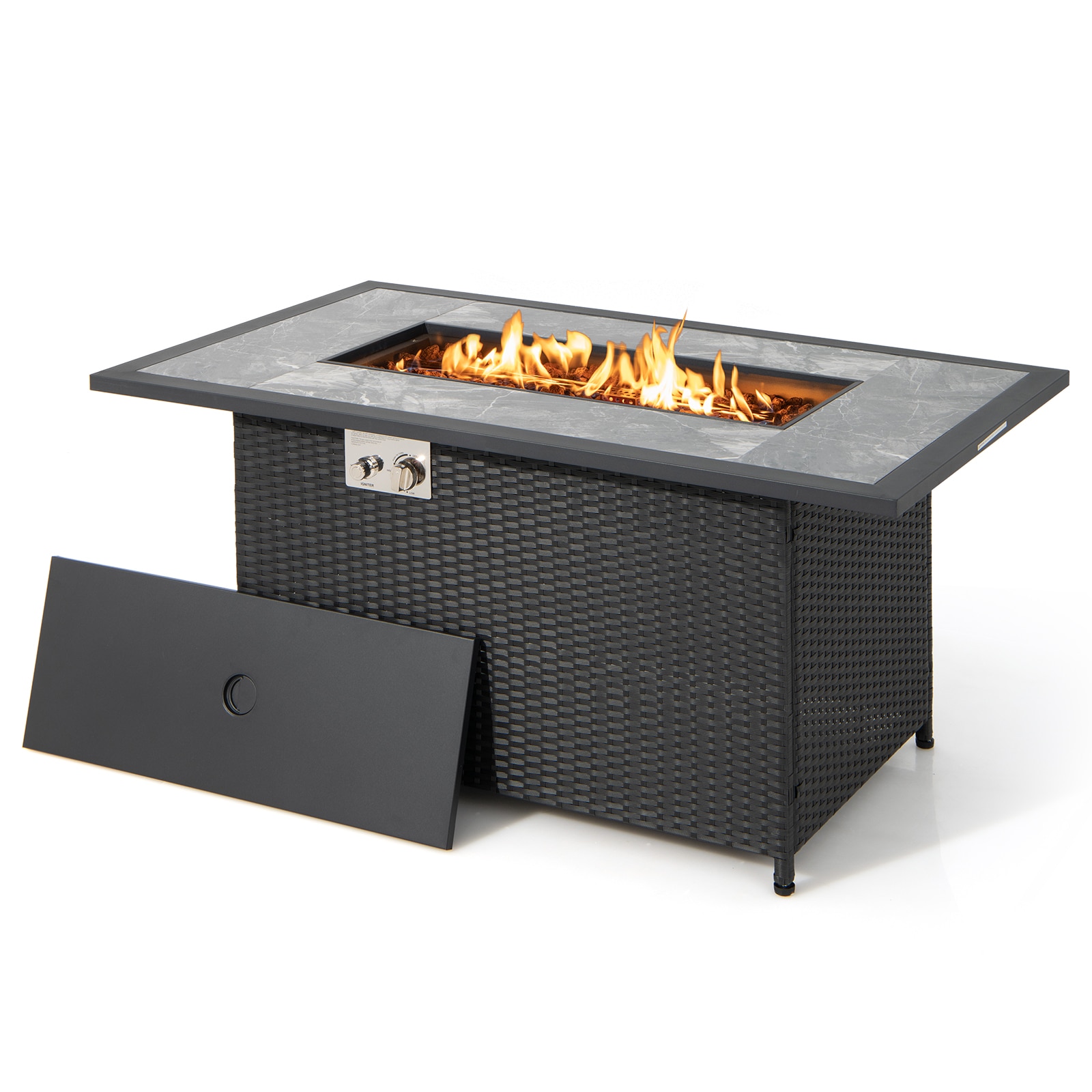 Slickblue D-CO-KD34301PN 52 Inch W- Black- PE Rattan Fire Pit Table with Stainless Steel Burner and Lava Rocks Rectangular Marble Top – Propane Outdoor Patio Deck Garden Poolside