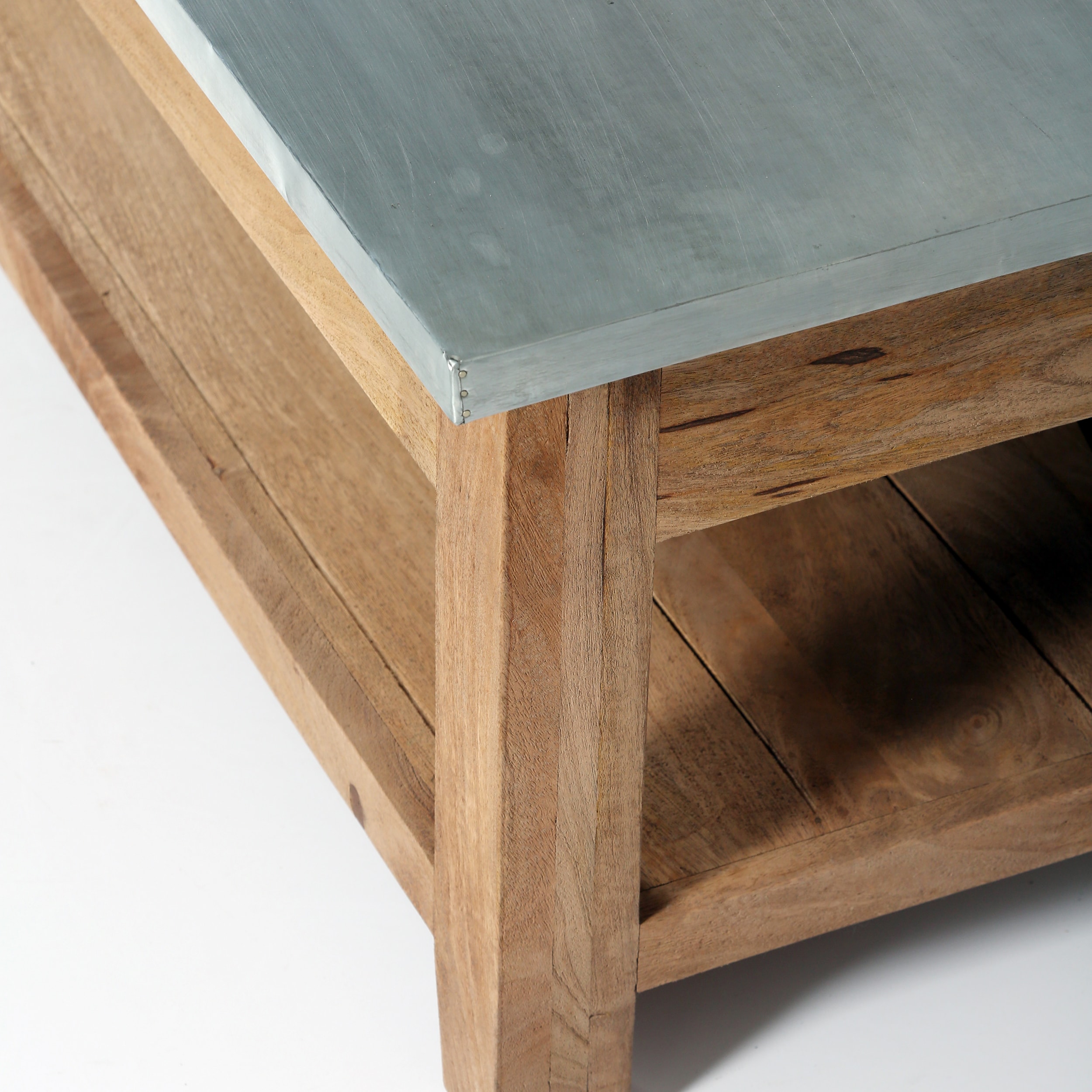 Industrial Rustic Wood and Zinc Metal Coffee Table with Shelf