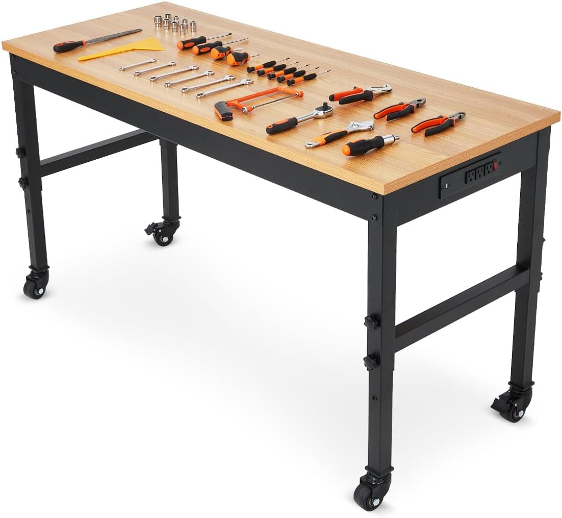 GAOMON 48 In Rolling Adjustable Workbench with Heavy-Duty Rubberwood Top and Built-In Power Outlets - 2500 LB Capacity Table for Garage Workshop Office