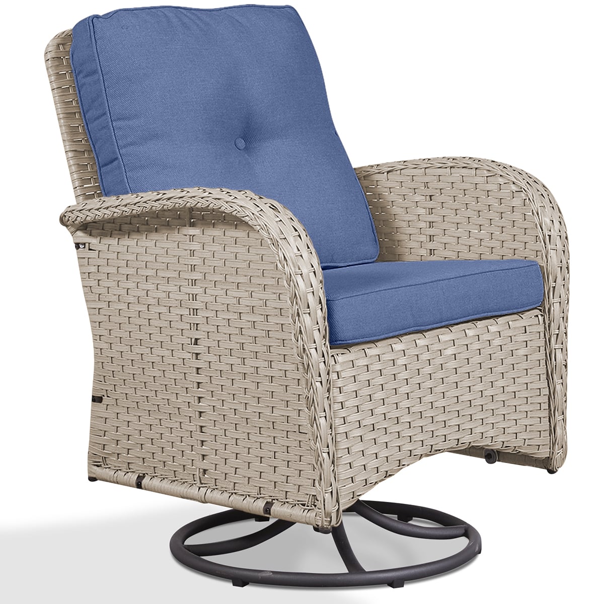 Rilyson FSGY20-1A New Juno Wicker Light Beige Wicker Frame Swivel glider Conversation Chair with Blue Blue Cushioned Seat