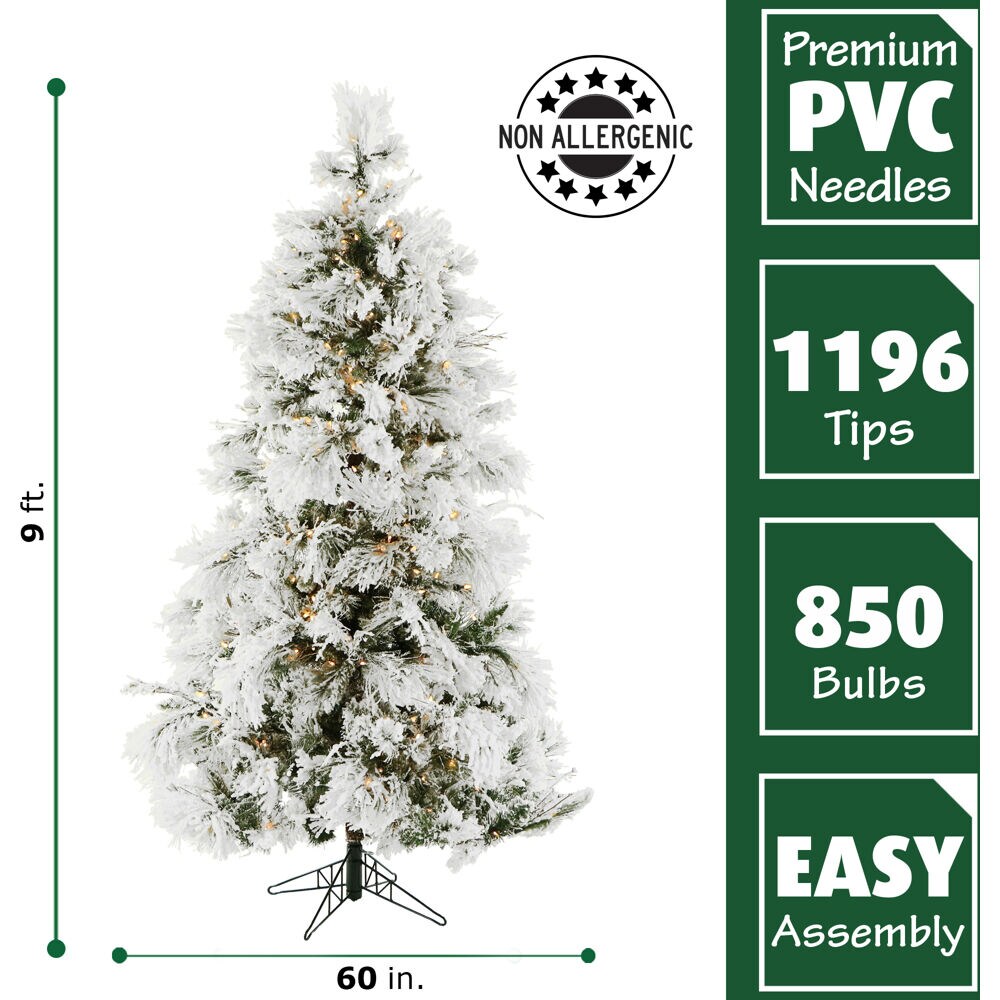 Fraser Hill Farm 9-ft Snowy Pine Pre-lit Artificial Tree Flocked