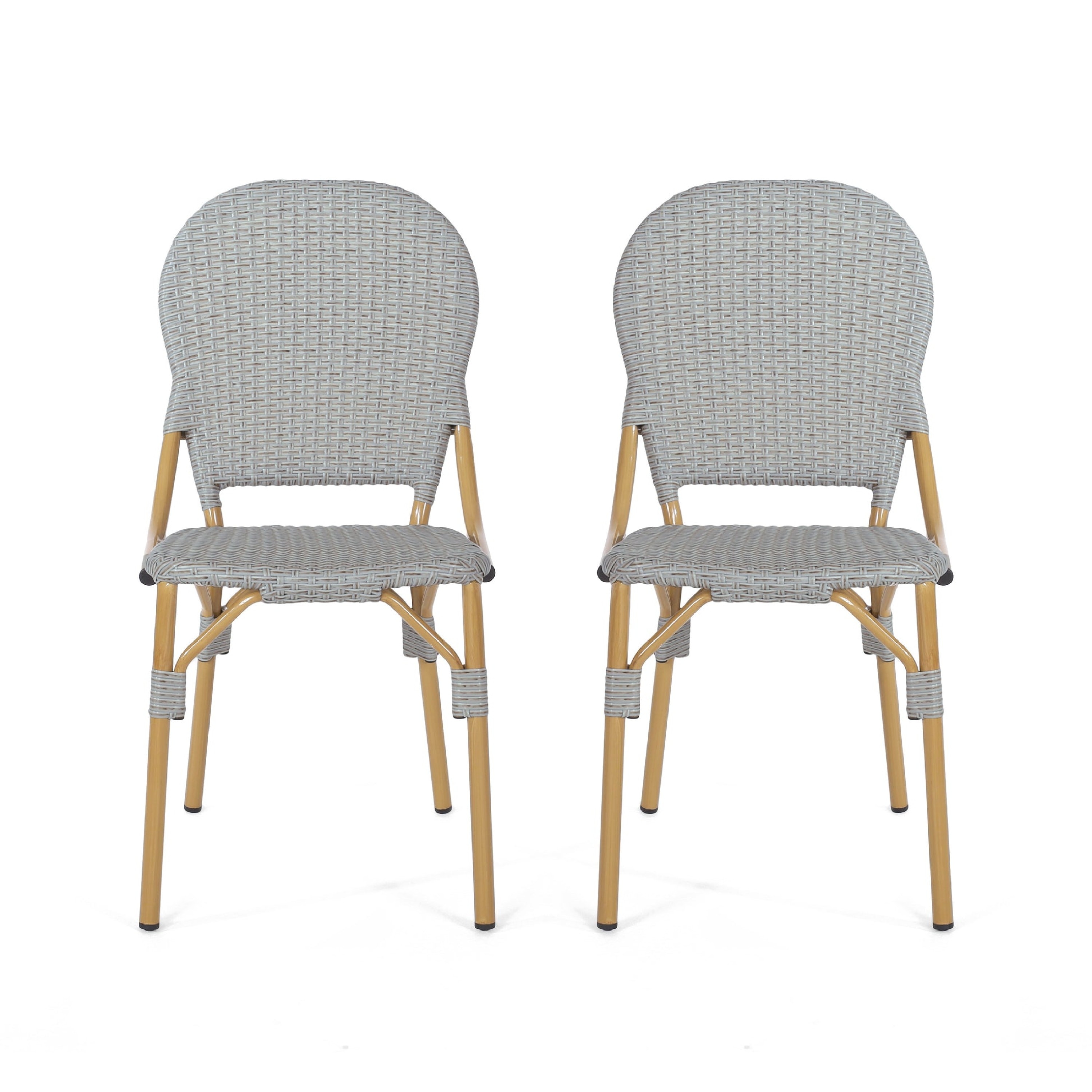 Benzara BM335767 Patio Chairs Set of 2 Rattan Gray and Natural Brown Wood Frame Stationary Beach Chair with Gray Solid Seat
