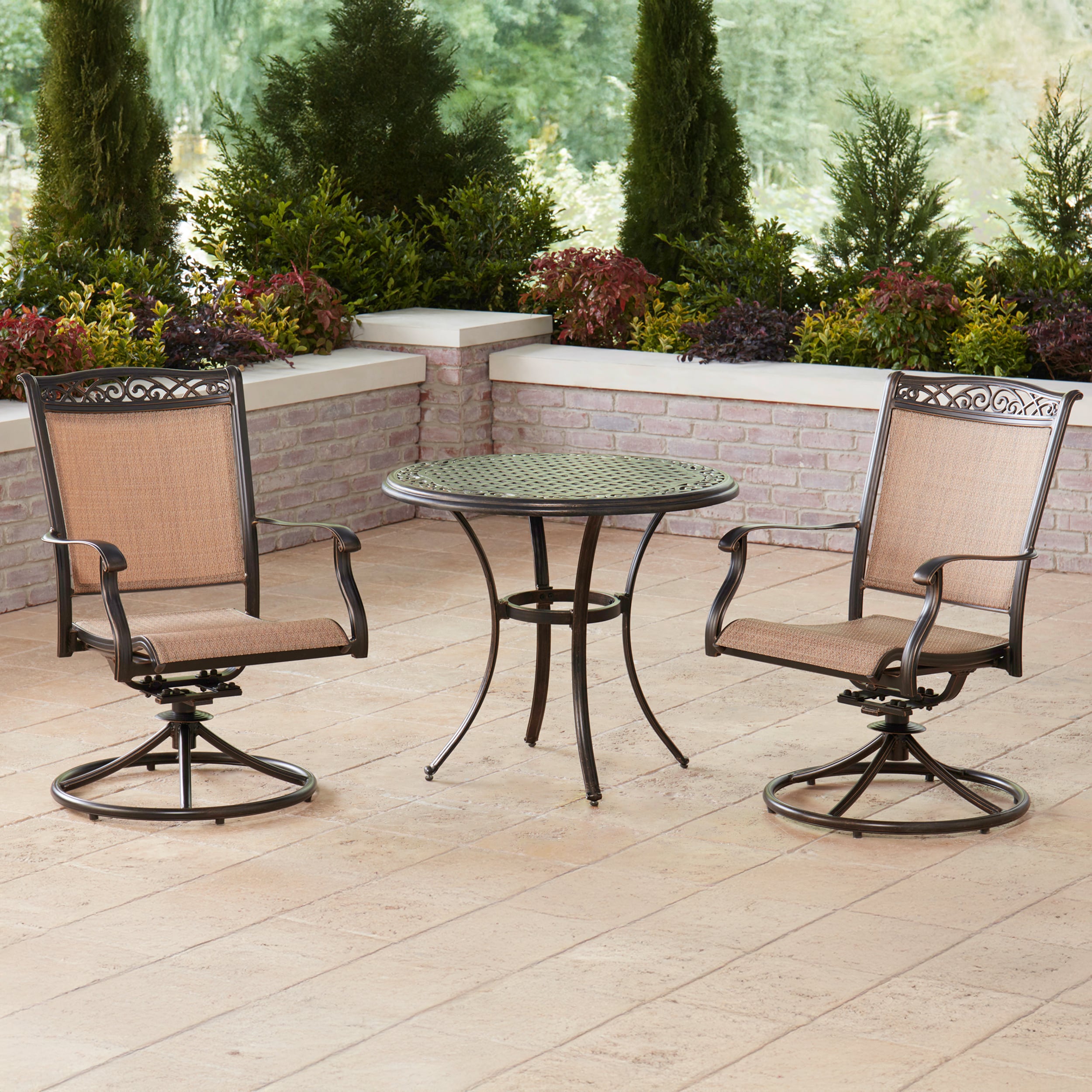 Hanover FNTDN3PCSWC Fontana 3 -Piece Bronze Woven Bistro Patio Dining Set Aluminum Round Table with 2 Tan Swivel Rocker Chairs