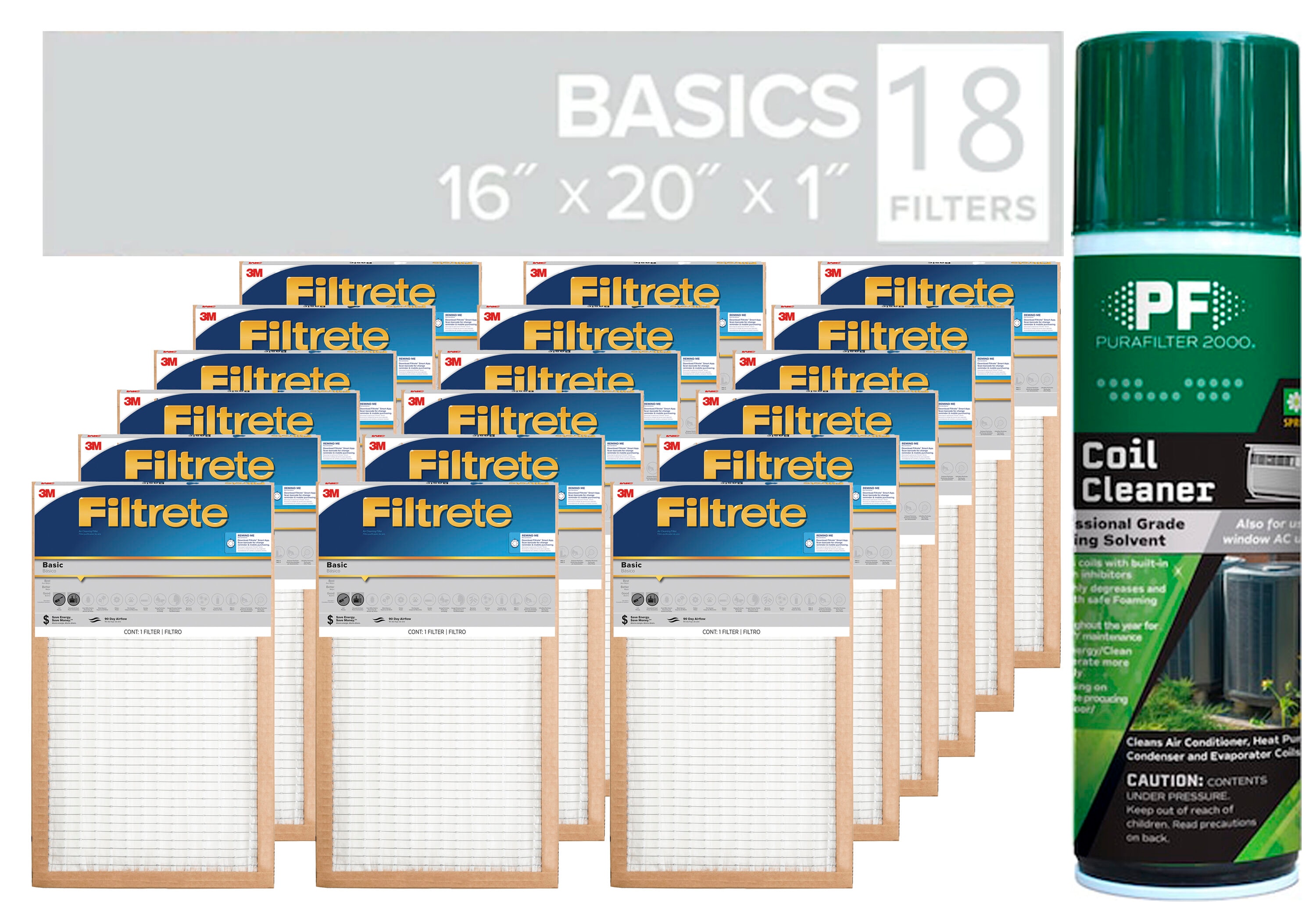 Filtrete 18-Pack Basic Pleated 16-in x 20-in x 1-in air filters with PF Coil Cleaner