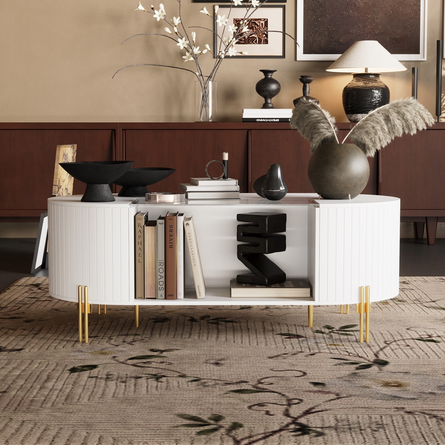 FUFU&GAGA KF260137-01 Modern Oval MDF White 47.2-in W x 23.6-in H with Drawers Coffee Table