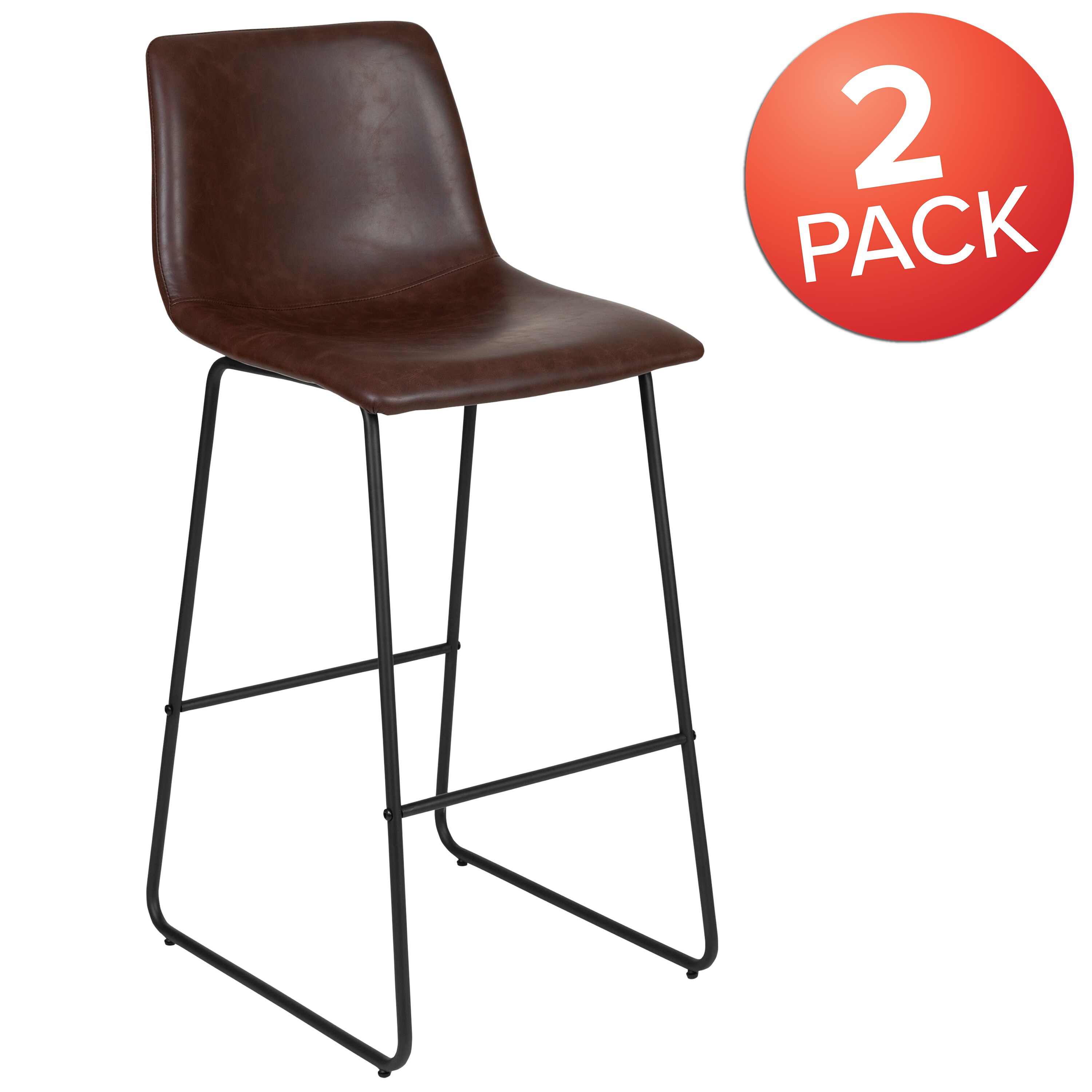 Dark Brown Leather and Metal Bar Height Stools, Set of 2
