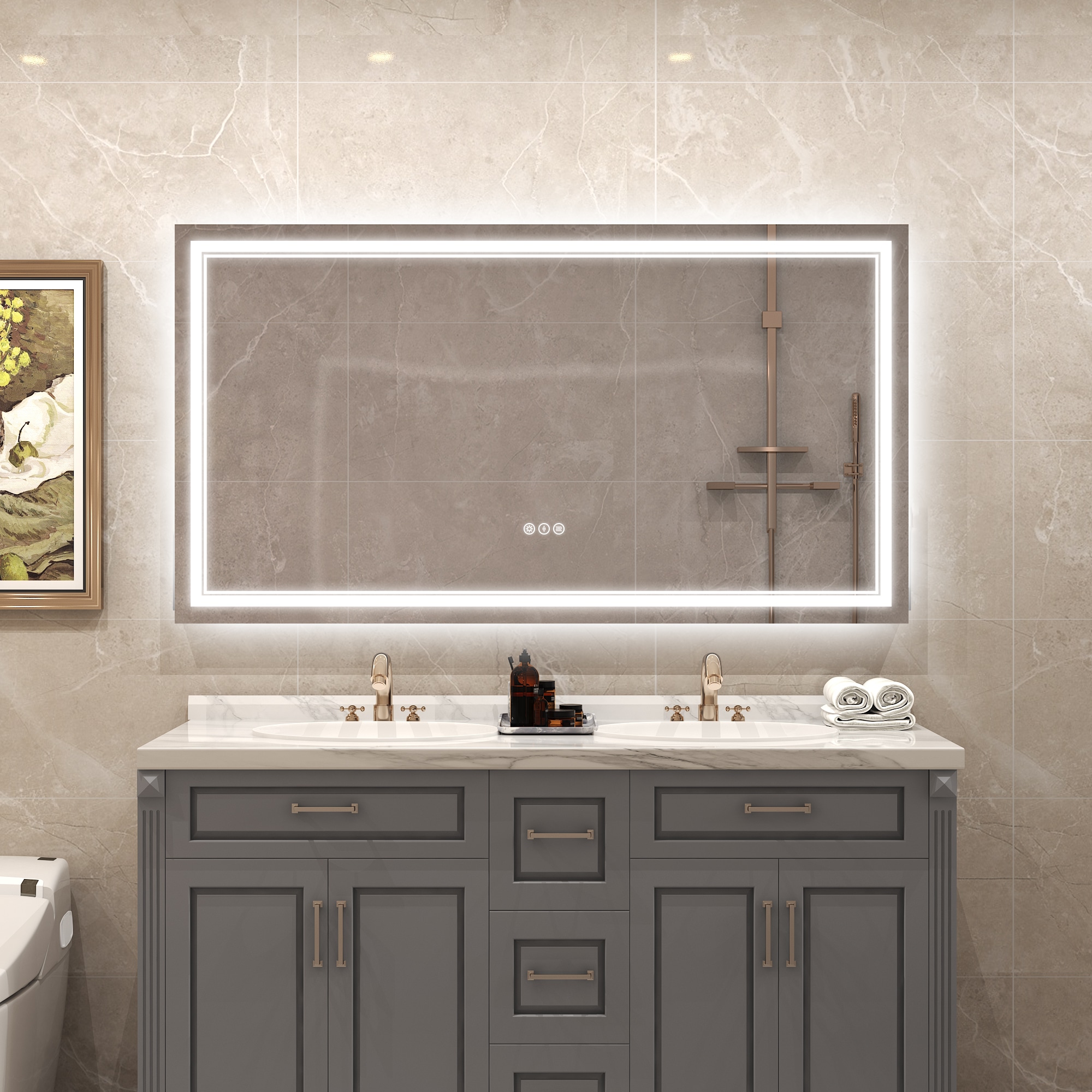 WELLFOR EX-TF3055 TF 30-Inches x 55-Inches Polished Frameless Rectangle Dimmable LED Lighted Fog Free Bathroom Vanity Mirror ( Silver )