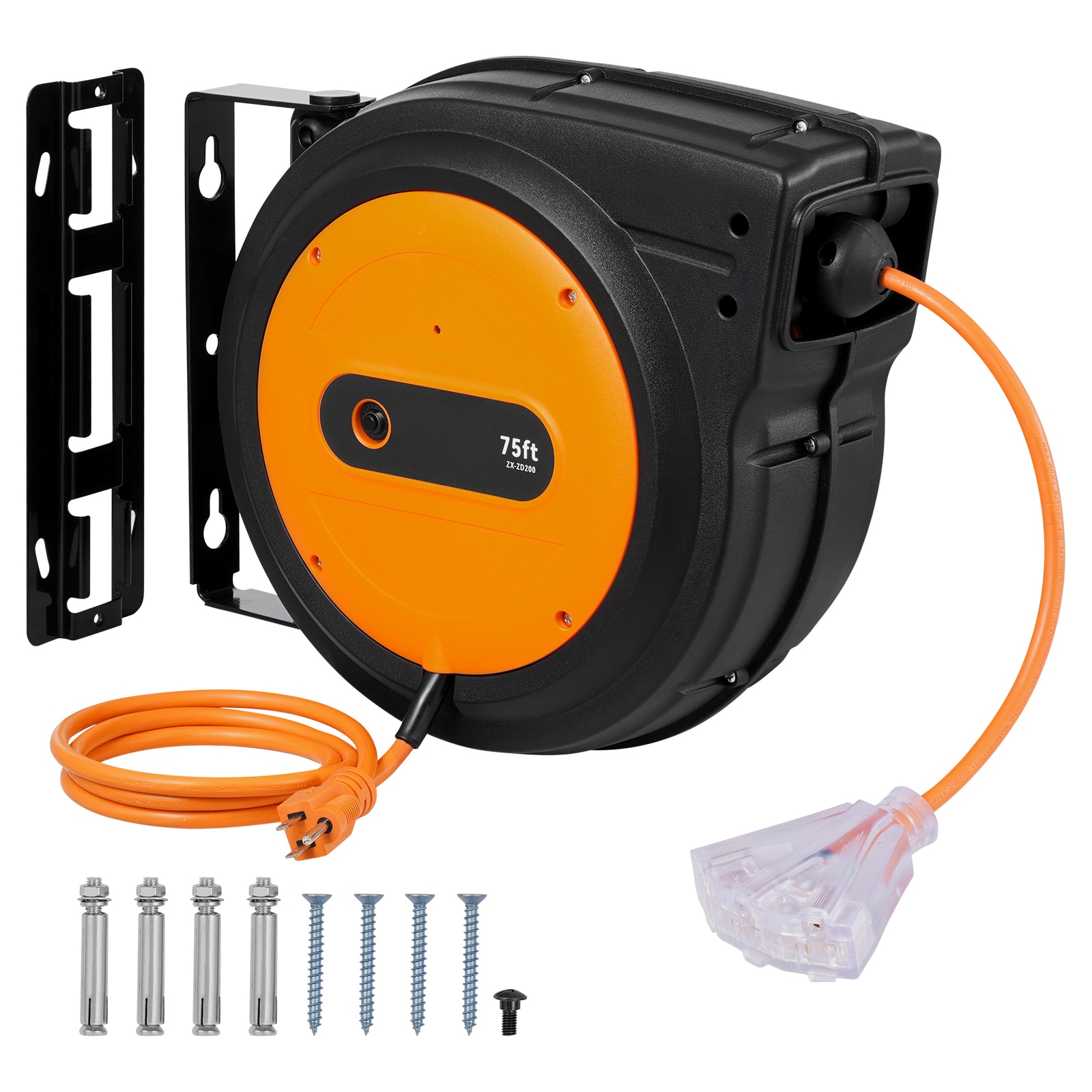 VEVOR SCSSSJXQ75FT04404V1 Retractable Extension Cord Reel  75 FT  Heavy Duty 14AWG/3C SJTOW Retractable Power Cord with Lighted Triple Tap Outlet  13 Amp Circuit Breaker 180° Swivel Bracket for Ceiling or Wall Mount