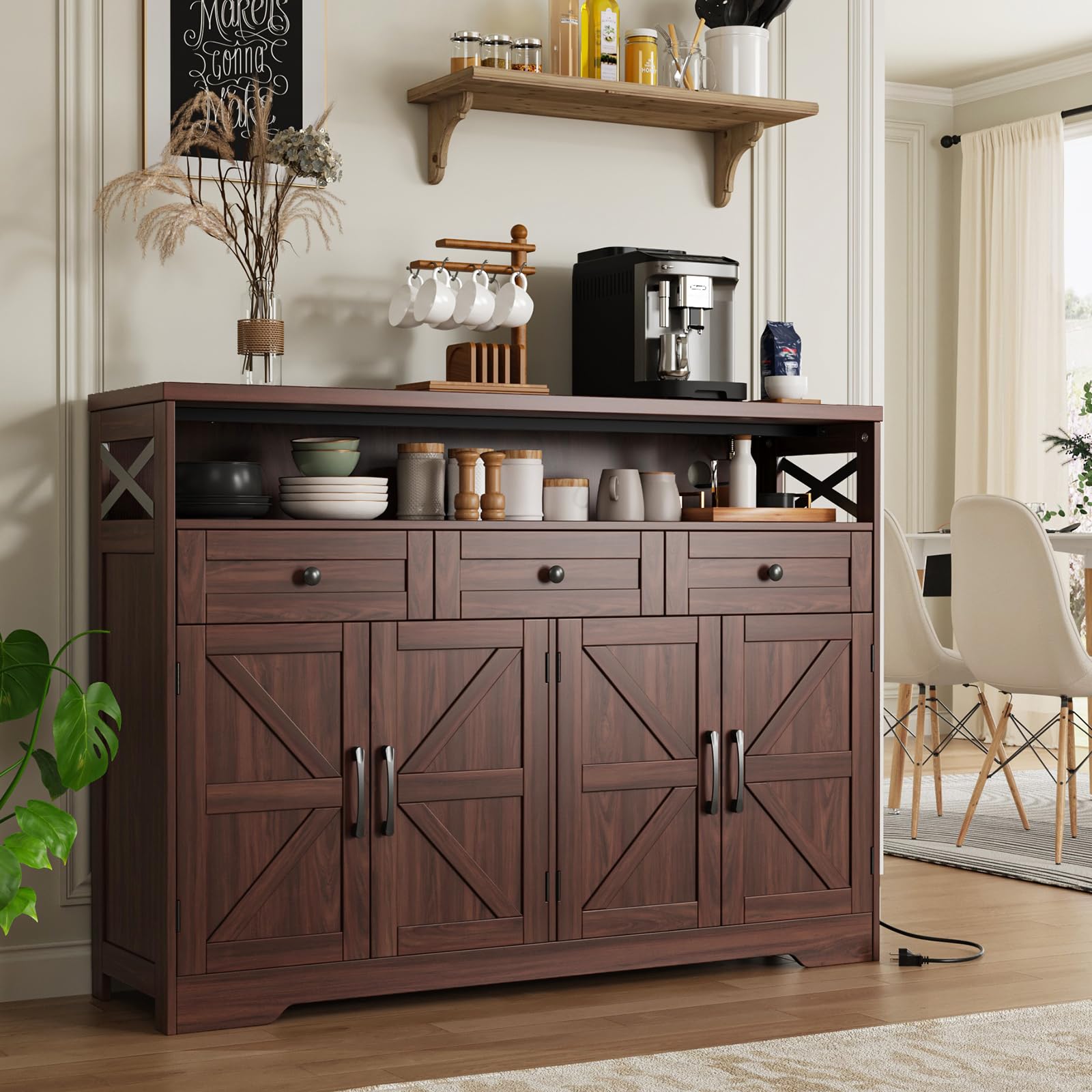 Vabches - 51-in Farmhouse Walnut Wood Sideboard Buffet Cabinet with 3 Drawers 4 Barn Doors Open S...