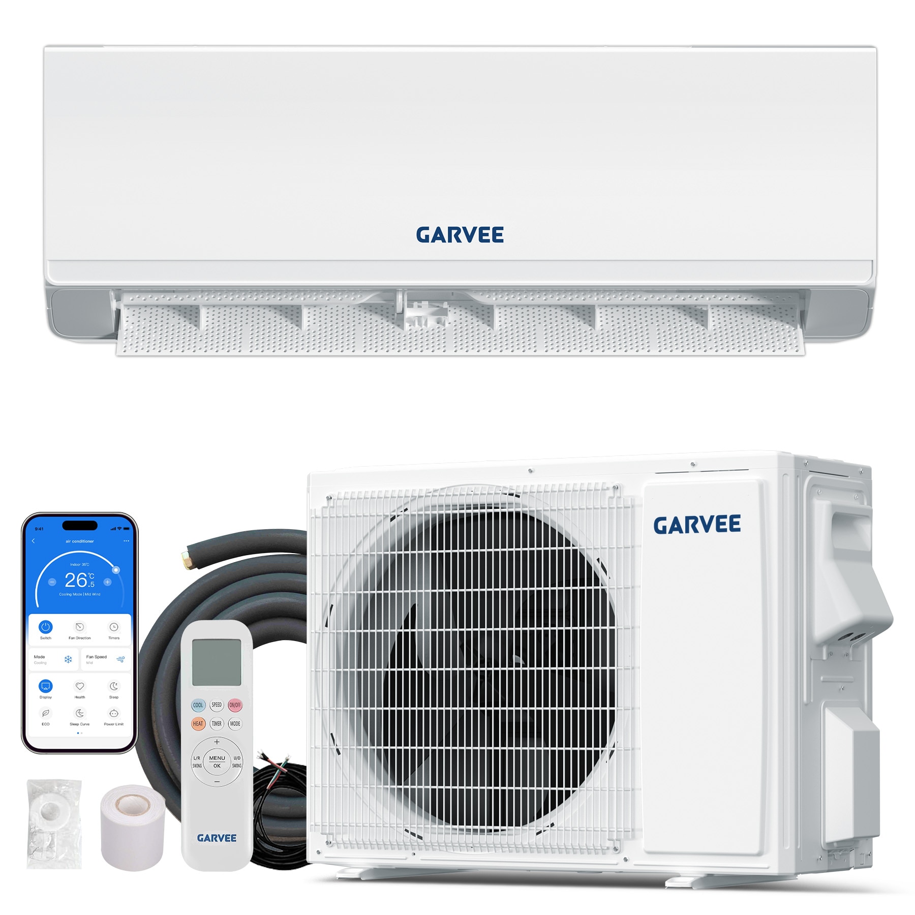 Garvee 12000 BTU Ductless Mini Split Air Conditioner WiFi SEER2 22 High Efficiency Inverter Heat Pump 115V R32 Refrigerant White #12000BTU WIFI 121