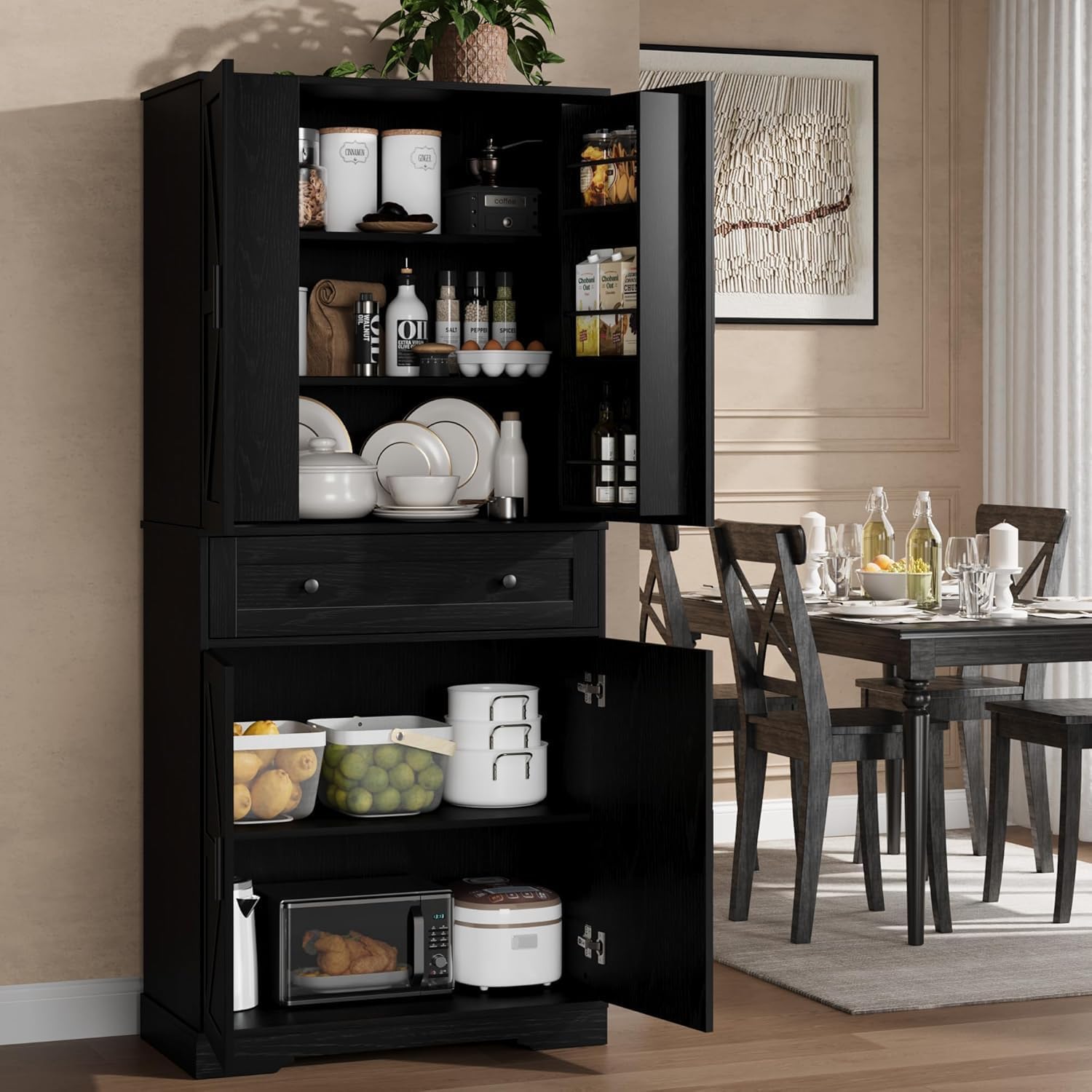 Garvee Pantry Organizers and Storage Cabinet 71in Barn Door Kitchen Cabinet with Drawers and Adjustable Shelf Tall Pantry for Kitchen Dining Room Living Room Bedroom Black