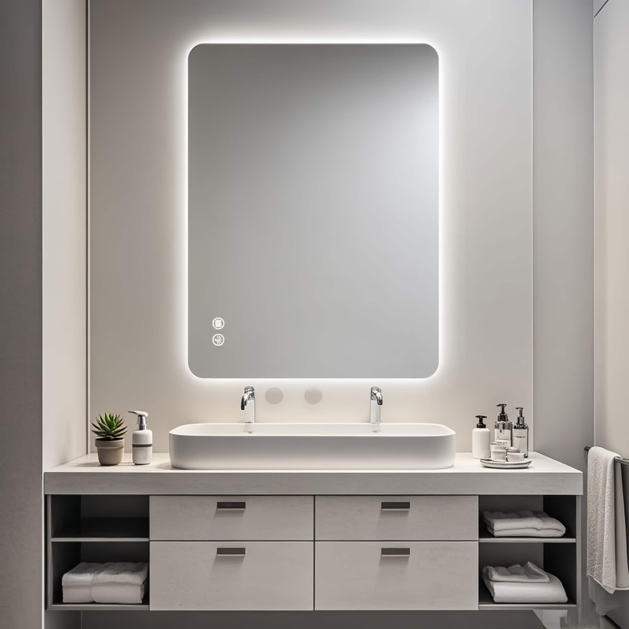 Bybafun - 36-in x 24-in Framed Rectangle Lighted Bathroom Vanity Mirror ( Clear )
