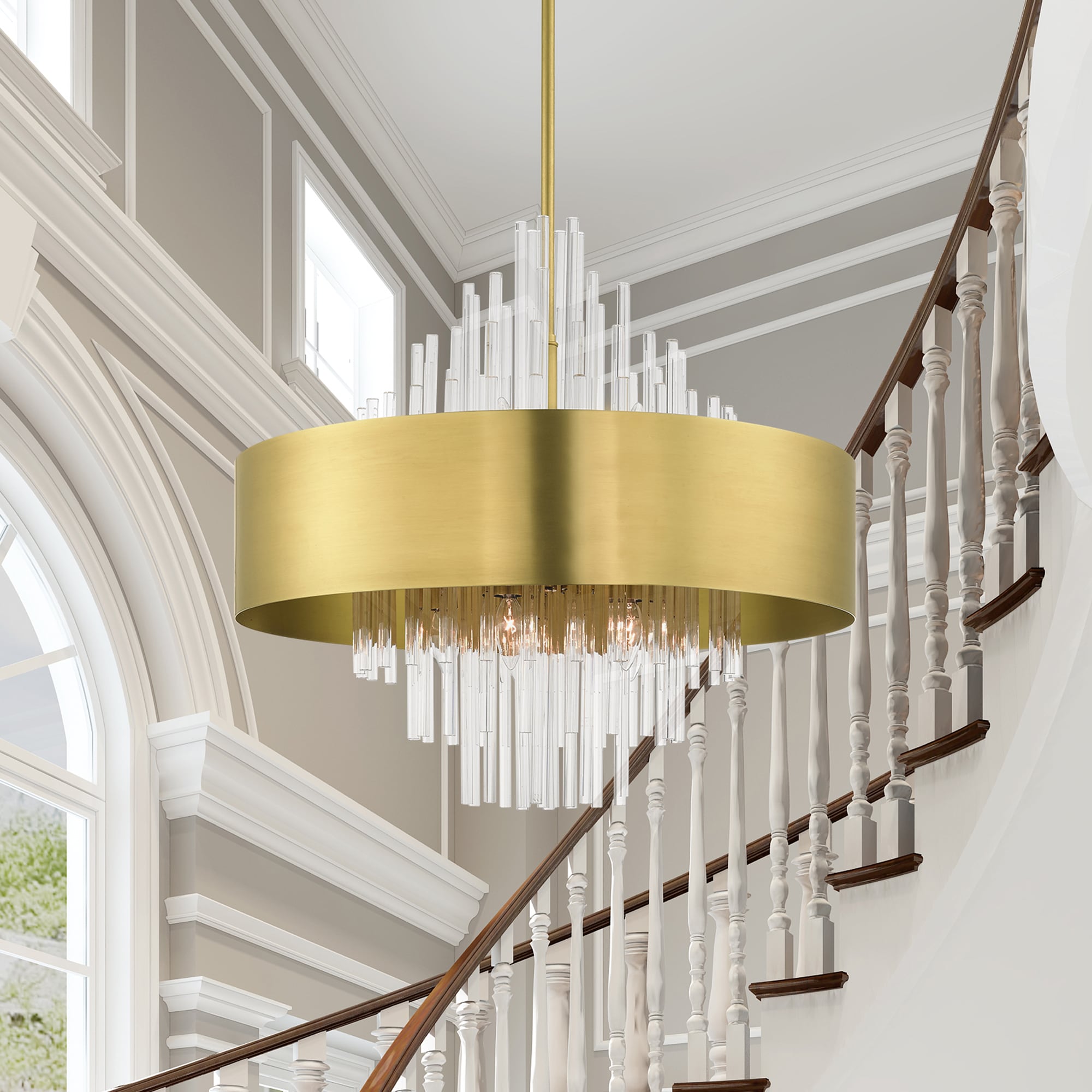 Natural Brass and Crystal 10-Light Drum Chandelier