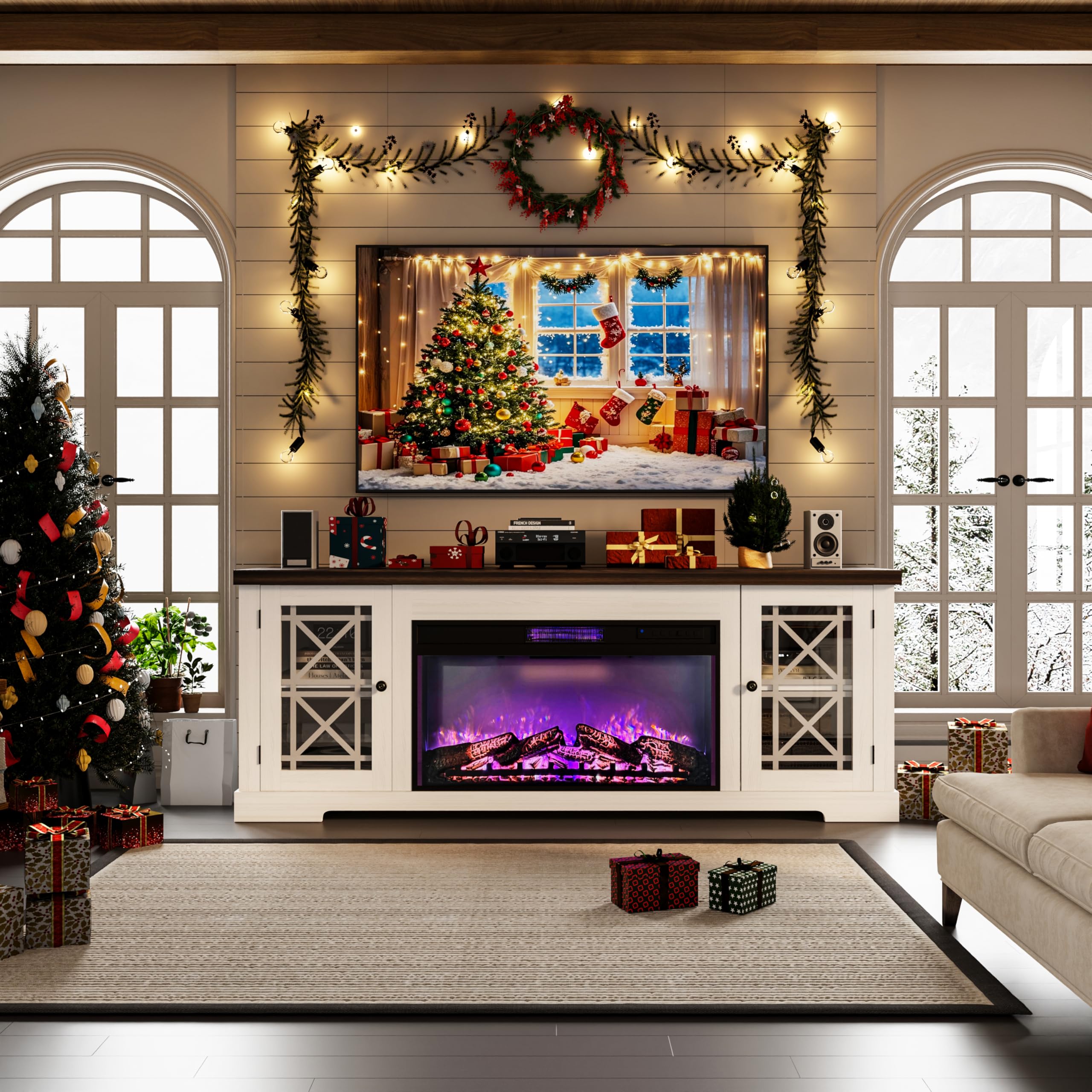 IdealHouse White and Brown 70 Inch TV Stand Fireplace Combo 36 Inch Electric Fireplace Insert LED Flame Simulation Storage Cabinets with Concealed Doors Holds TV up to 80 Inches MDF Media Console Space Efficient Design for Living Room