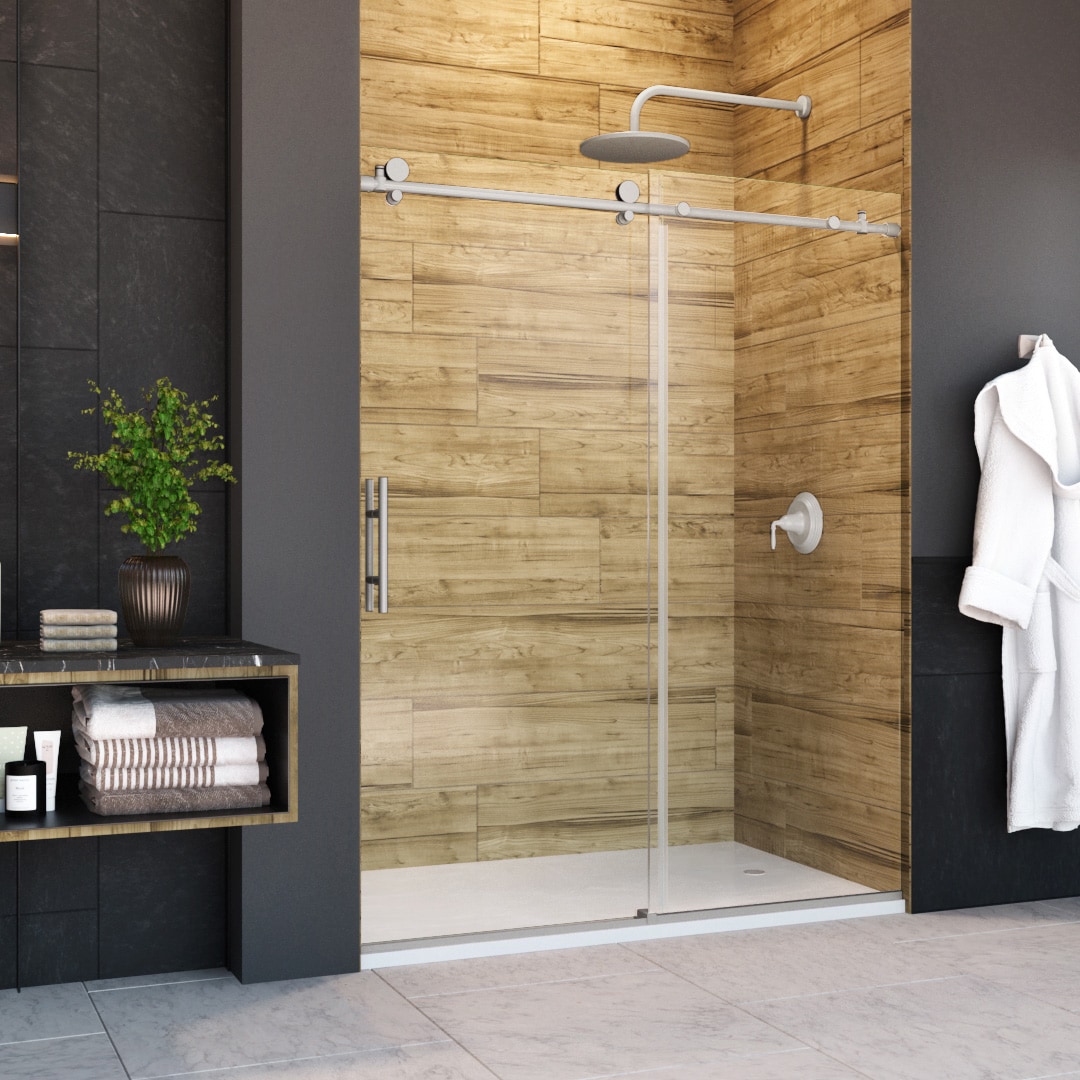Holcam ECSE180BNKCLR6074HS Eclipse Brushed Nickel 56-in to 60-in W x 74-Inches H Frameless Sliding Shower door 3/8-in Thick Clear Glass