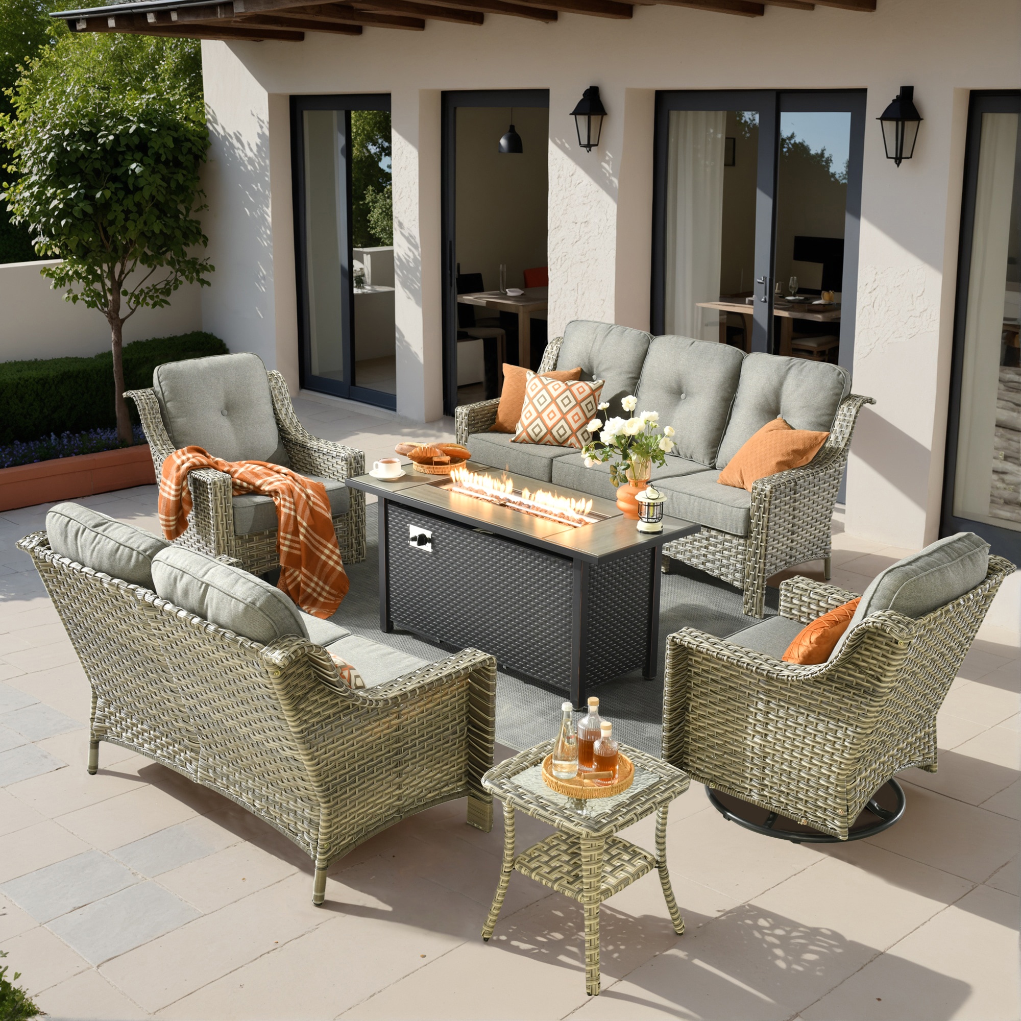 Pouuin SDYZPAD206 6 -Piece Wicker Patio Sofa Conversation Set with Dark Gray Cushions