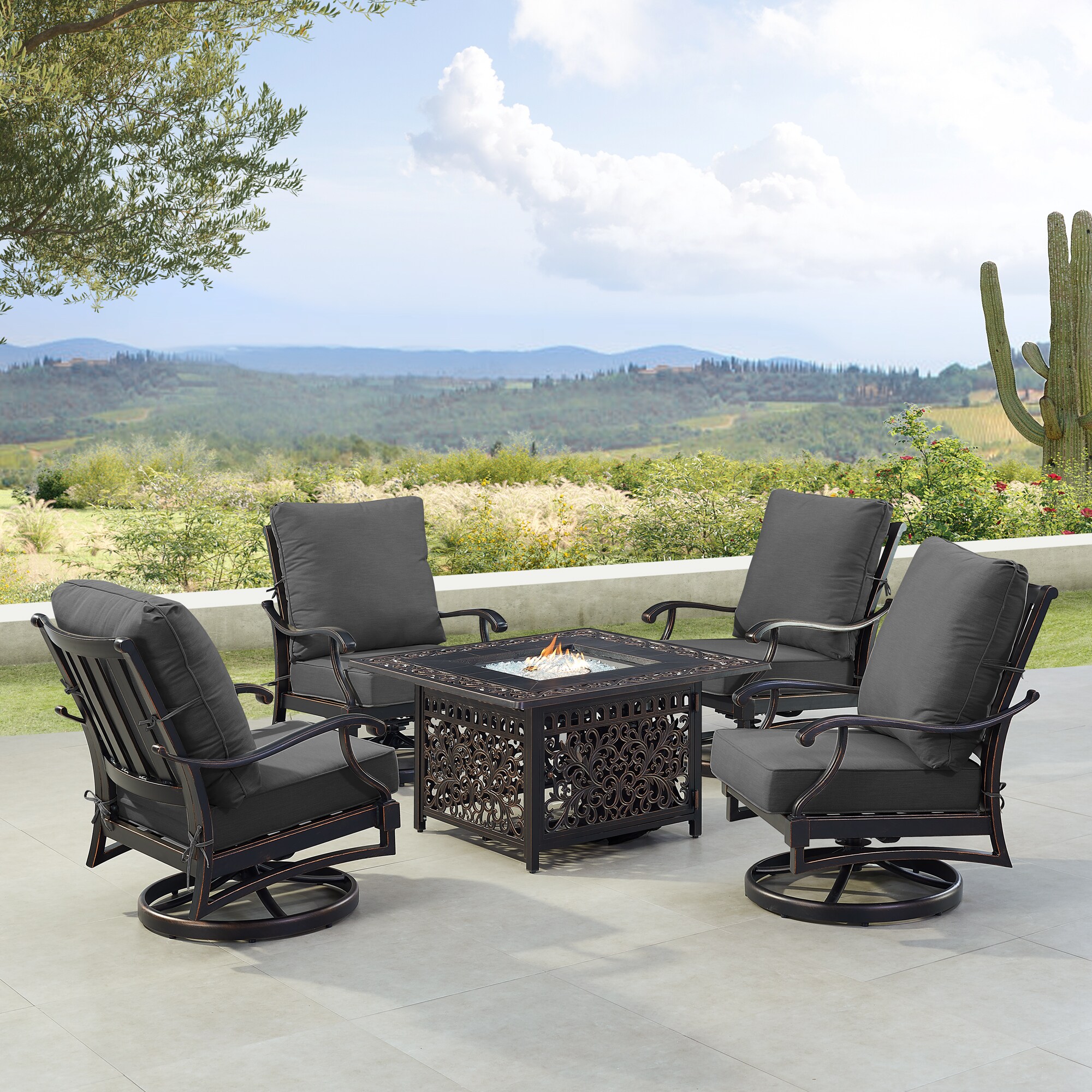Oakland Living SHAO4CHMAYANBKCUA Fire Pit Table Set, Four Lounge Chairs and Wind Guard 14 -Piece Patio Conversation Set with Black Cushions