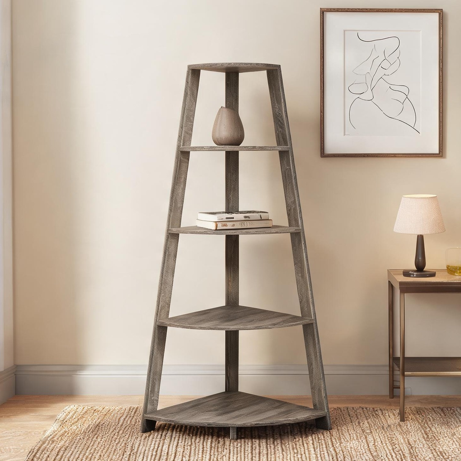 FlowLuxe 60-Inch Corner Bookcase with 4 Fixed Shelves Neutral Beige Wood-Look Modern