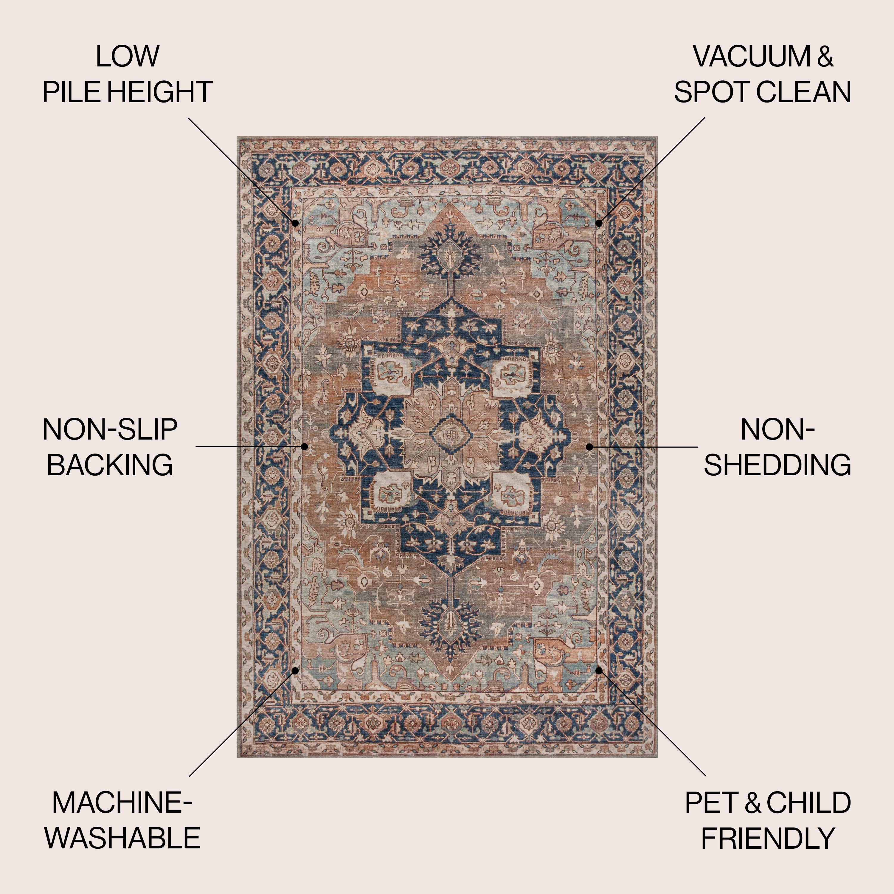 Maris Ornate Medallion Machine-Washable Beige and Blue Chenille Area Rug
