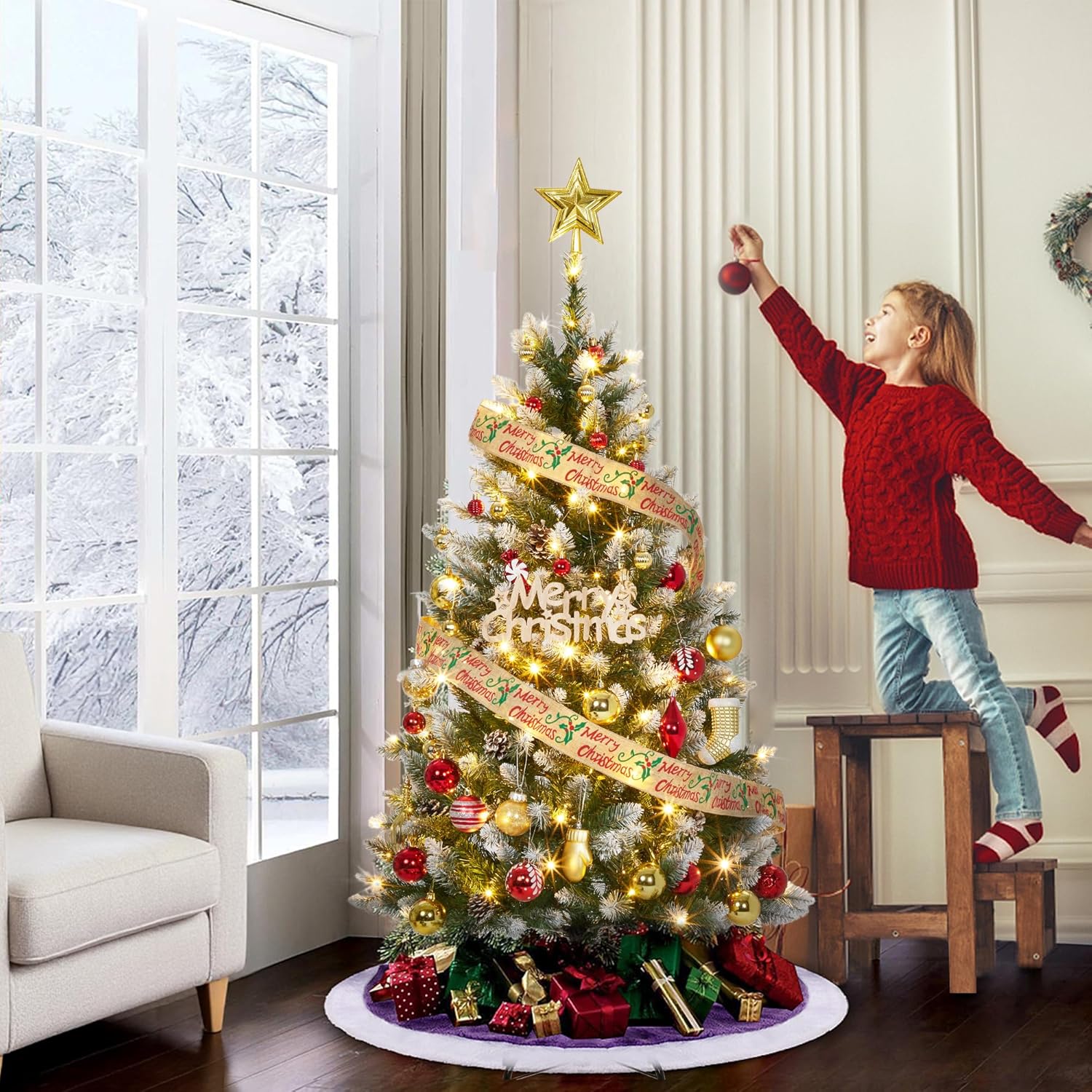 Qeetex DYQ-PHK-35JLBU4A Christmas Tree with 150 Warm White LEDs Mixed Pinecone Decor Sturdy Metal Base Green Premium Holiday Tree for Home Office Parties 352 Tips