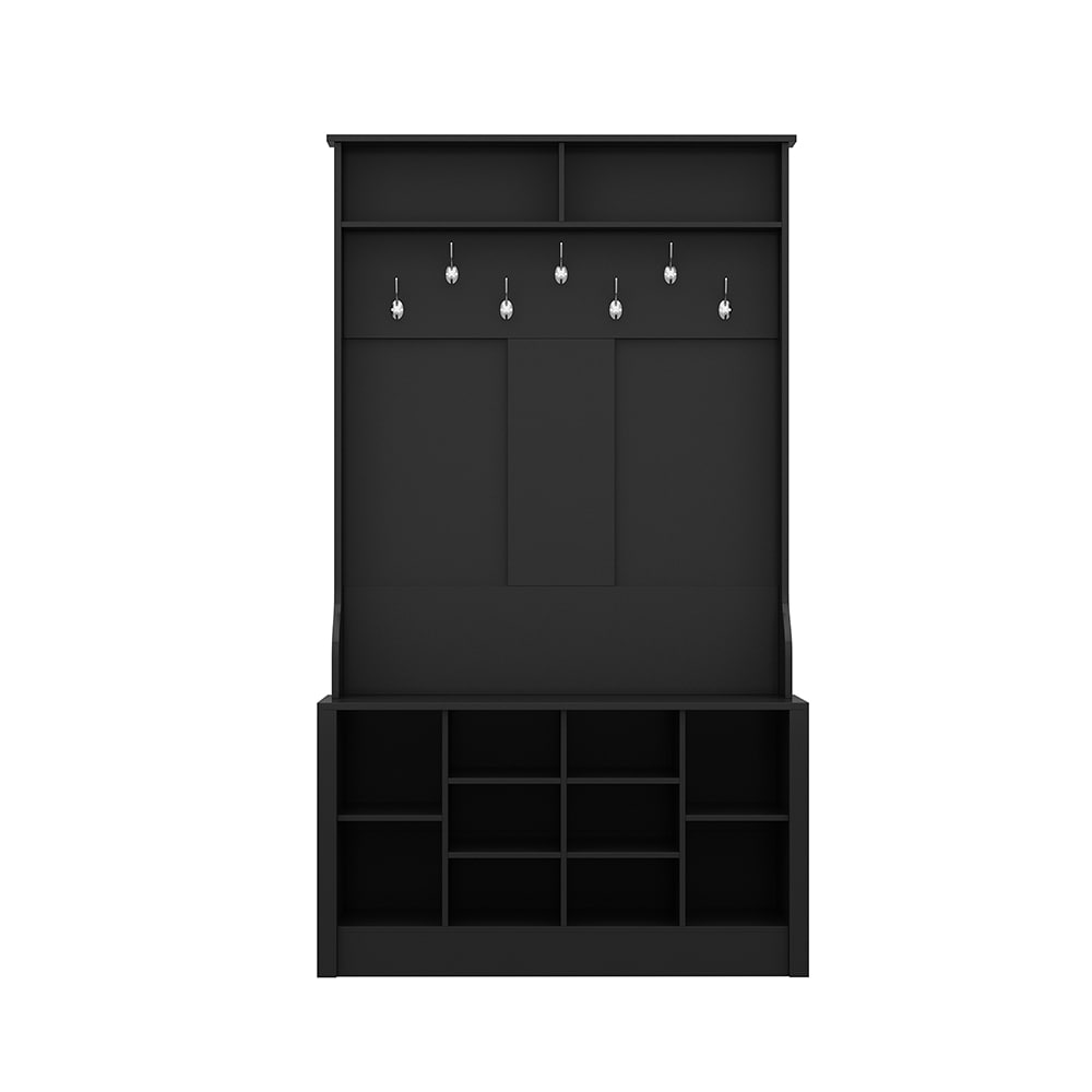  V-KF020332-02 Modern Hall Tree with Storage Bench 4 in 1 Entryway Bench with Coat Rack Tall Hall Tree with 7 Metal Hooks Shelves 10 Cubes