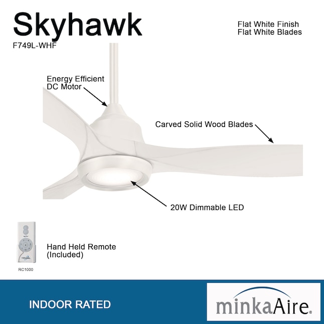 Minka Aire Skyhawk 60 In Flat White Led, Skyhawk 60 Inch Ceiling Fan With Light Kit By Minka Aire