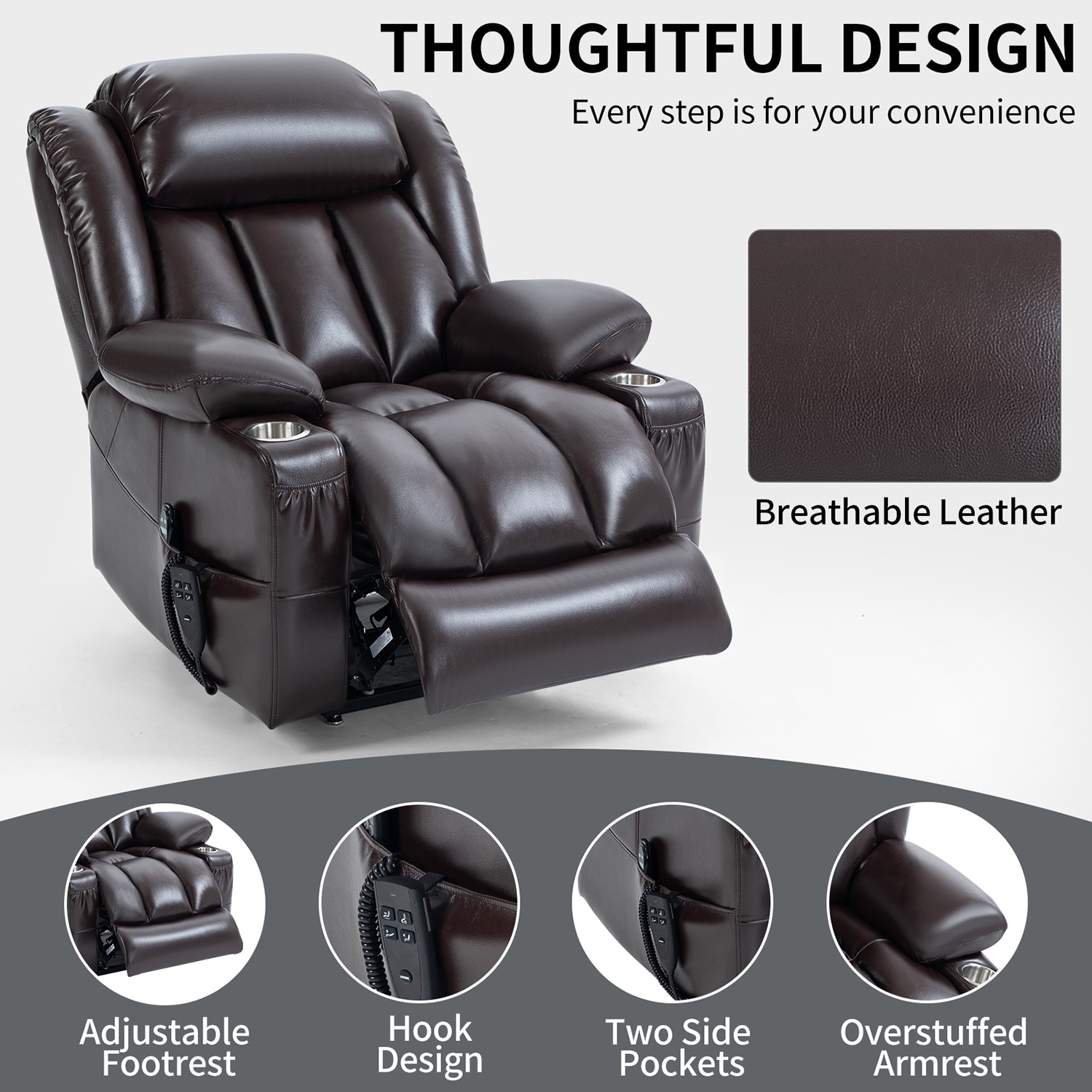 GZMR Brown Faux Leather Upholstered Powered Reclining Recliner with ...