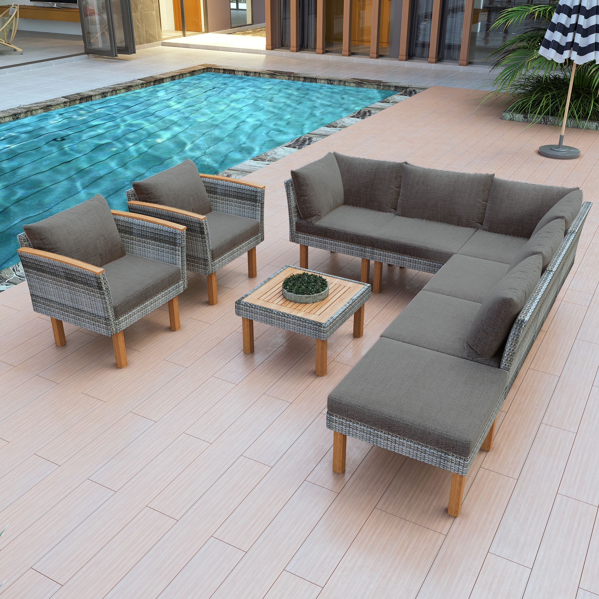 ModernLuxe L-FF201208AAE 9-Piece Wicker Patio Conversation Set with Gray Cushions