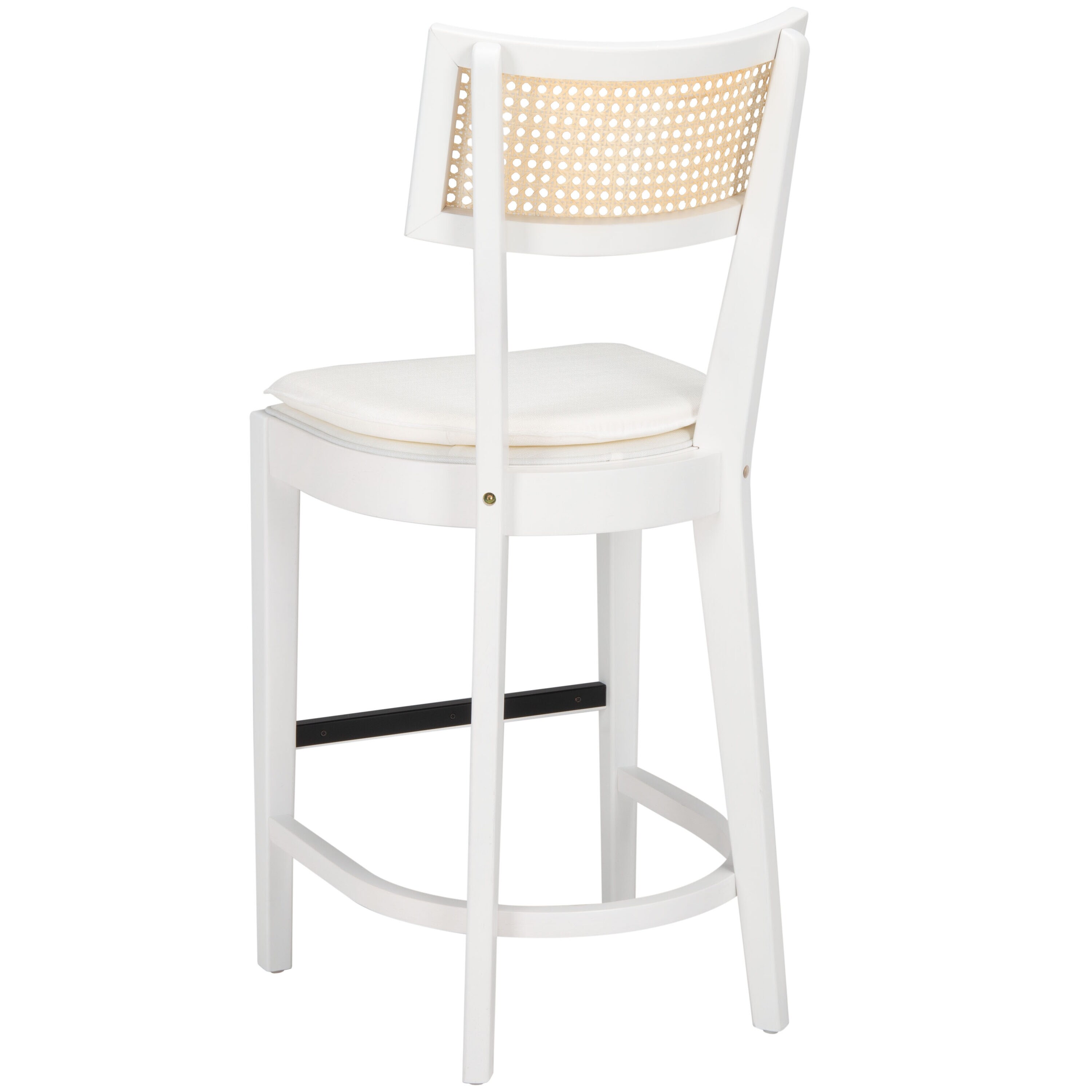 White and Natural Wood Cane Counter Stool with Cushion