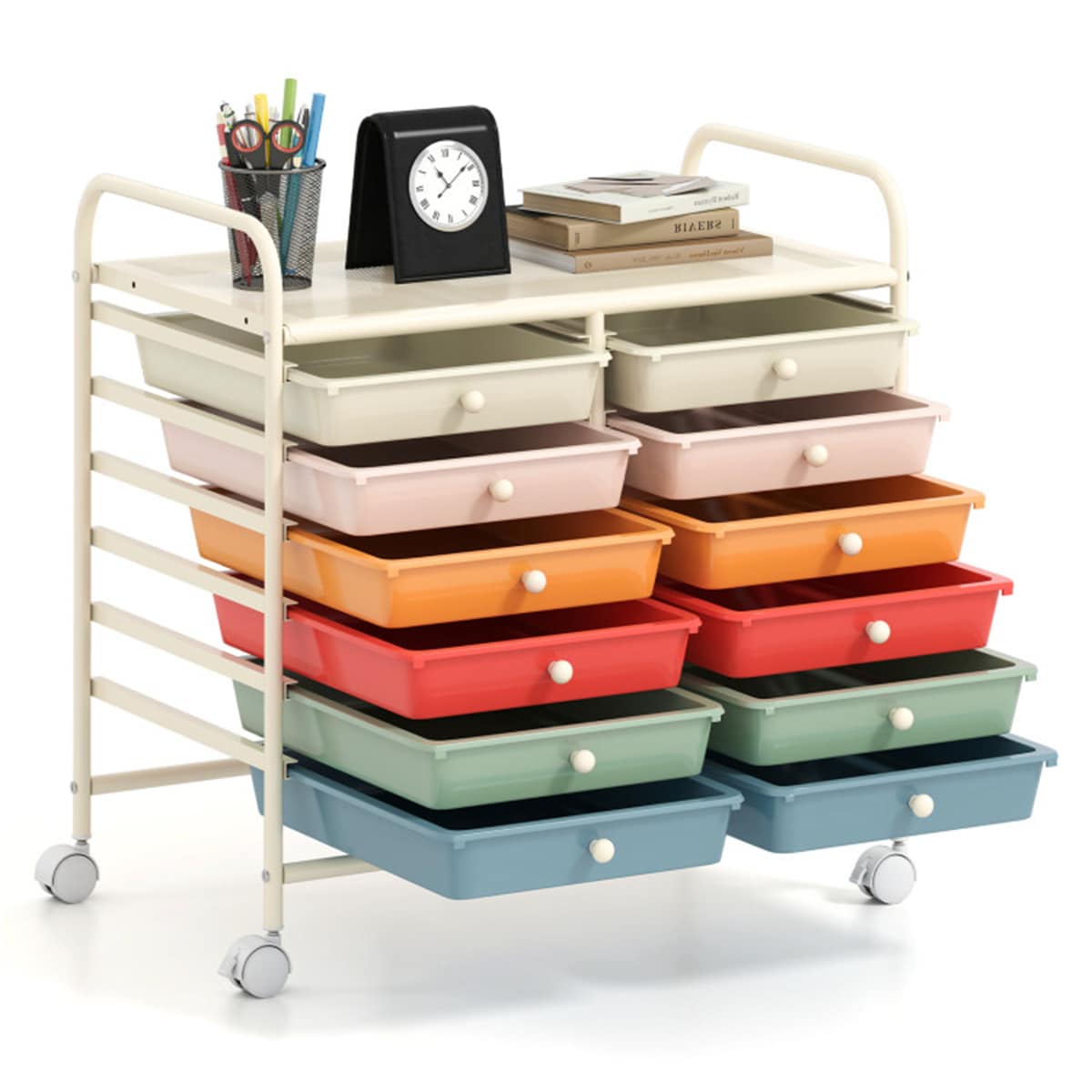 Zyerch 12 Drawer Rolling Storage Cart White Steel Frame Macaron Transparent Plastic with Brake Wheels for Home Room Office Organizer