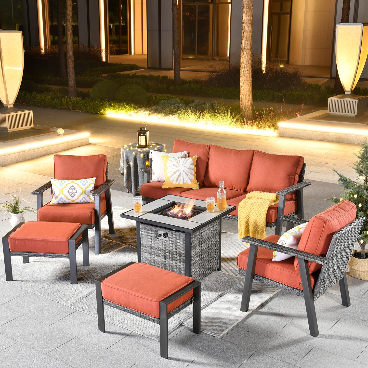 Pouuin SFPHW80TC05 6-Piece Rattan Patio Conversation Set with Red Olefin Cushions