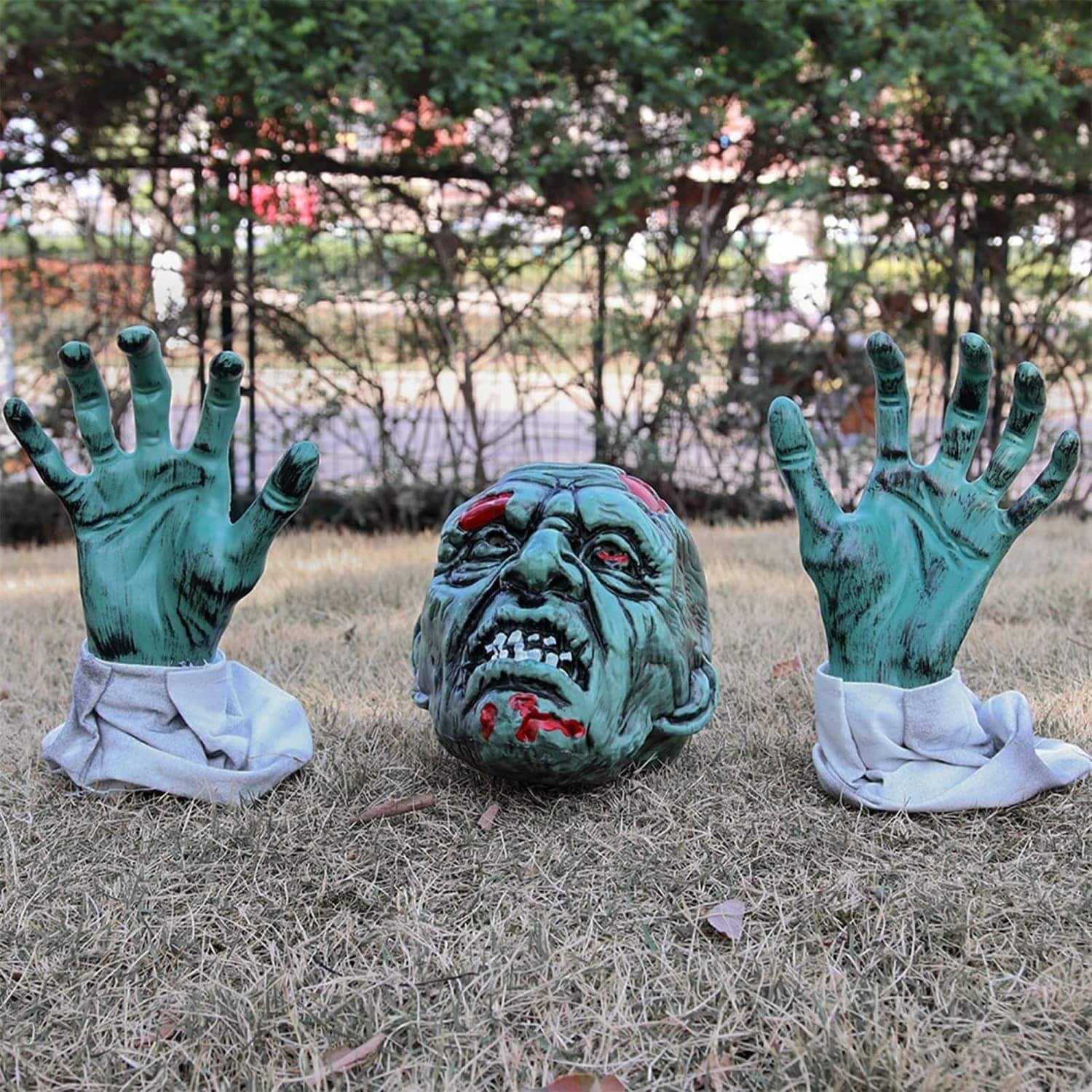 OGETFUUR Green Plastic Zombie Garden Stakes with 1 Skull 2 Arms and 3 Plastic Stakes for Garden Lawn Yard