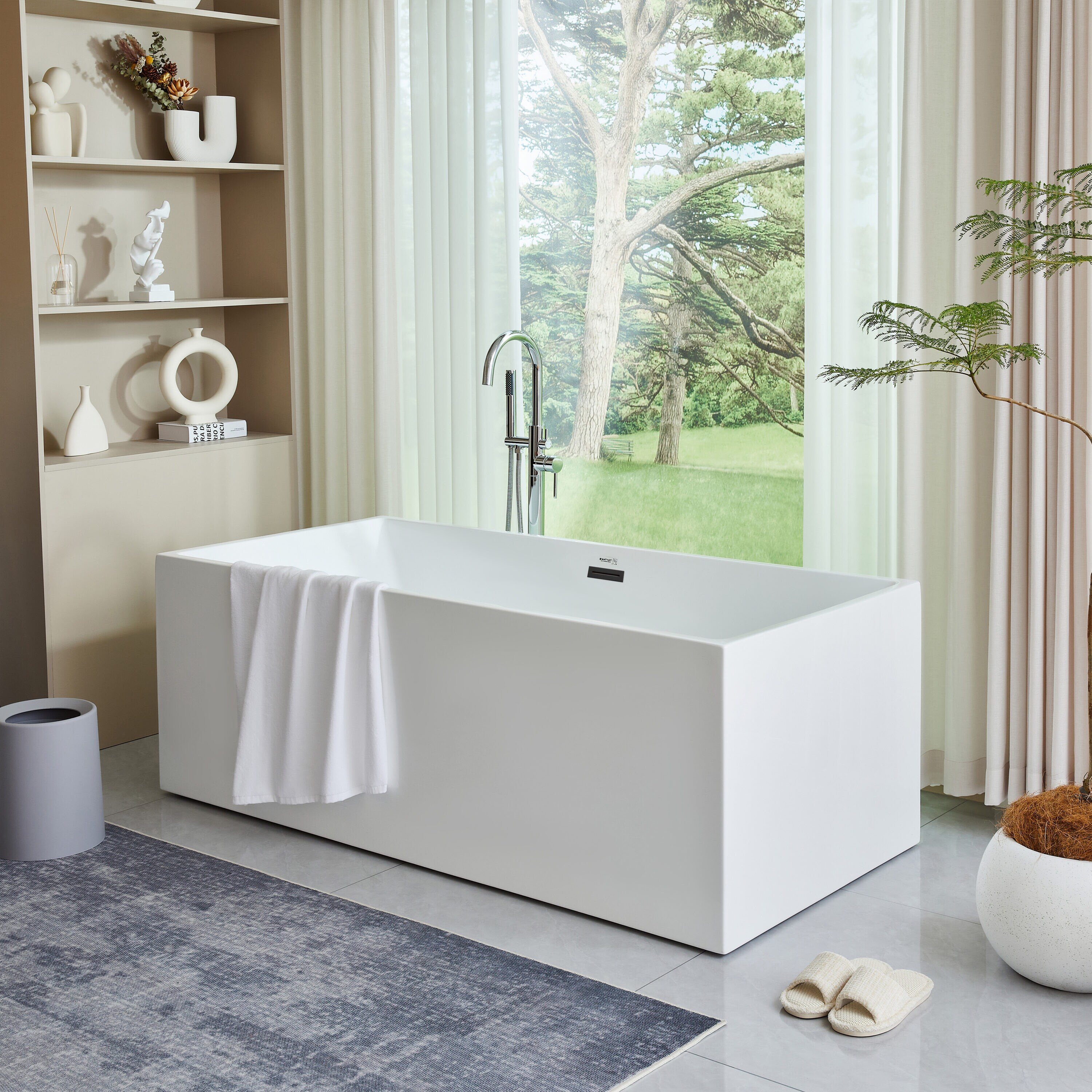 White Acrylic Freestanding Soaking Bathtub with Matte Black Trim