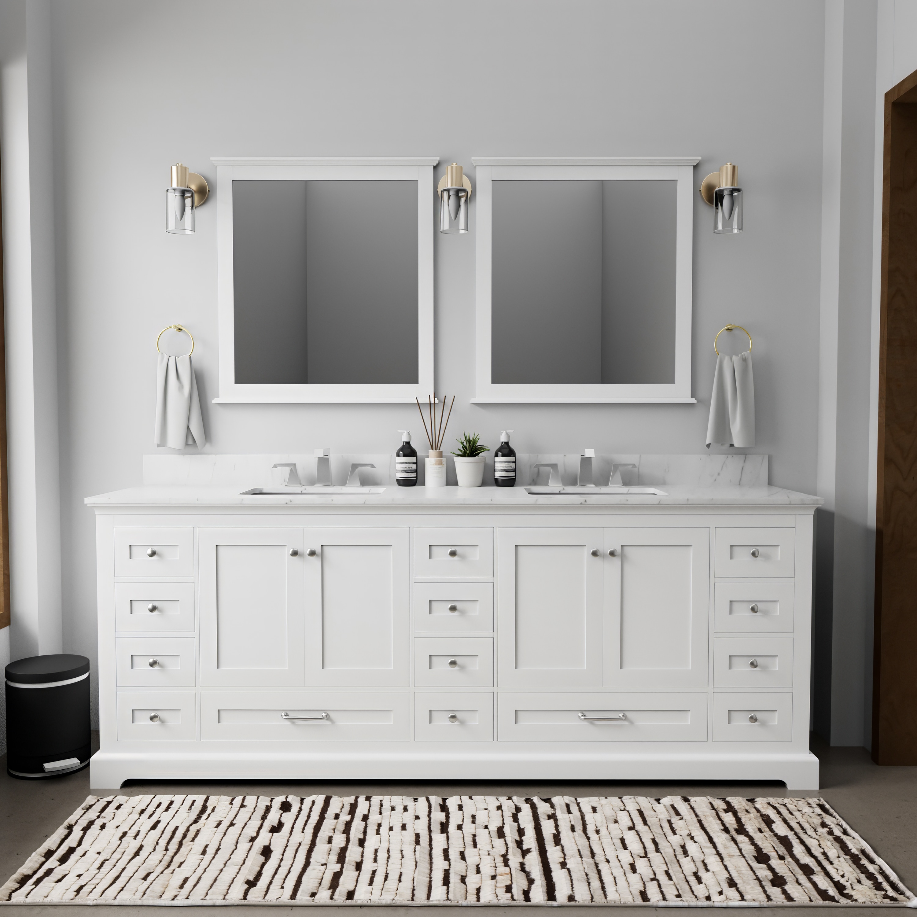 Vanityfus 84 in. W x 22 in. D White Double Basin Vanity Carrara Marble Top and 8-in Chrome Faucet Set