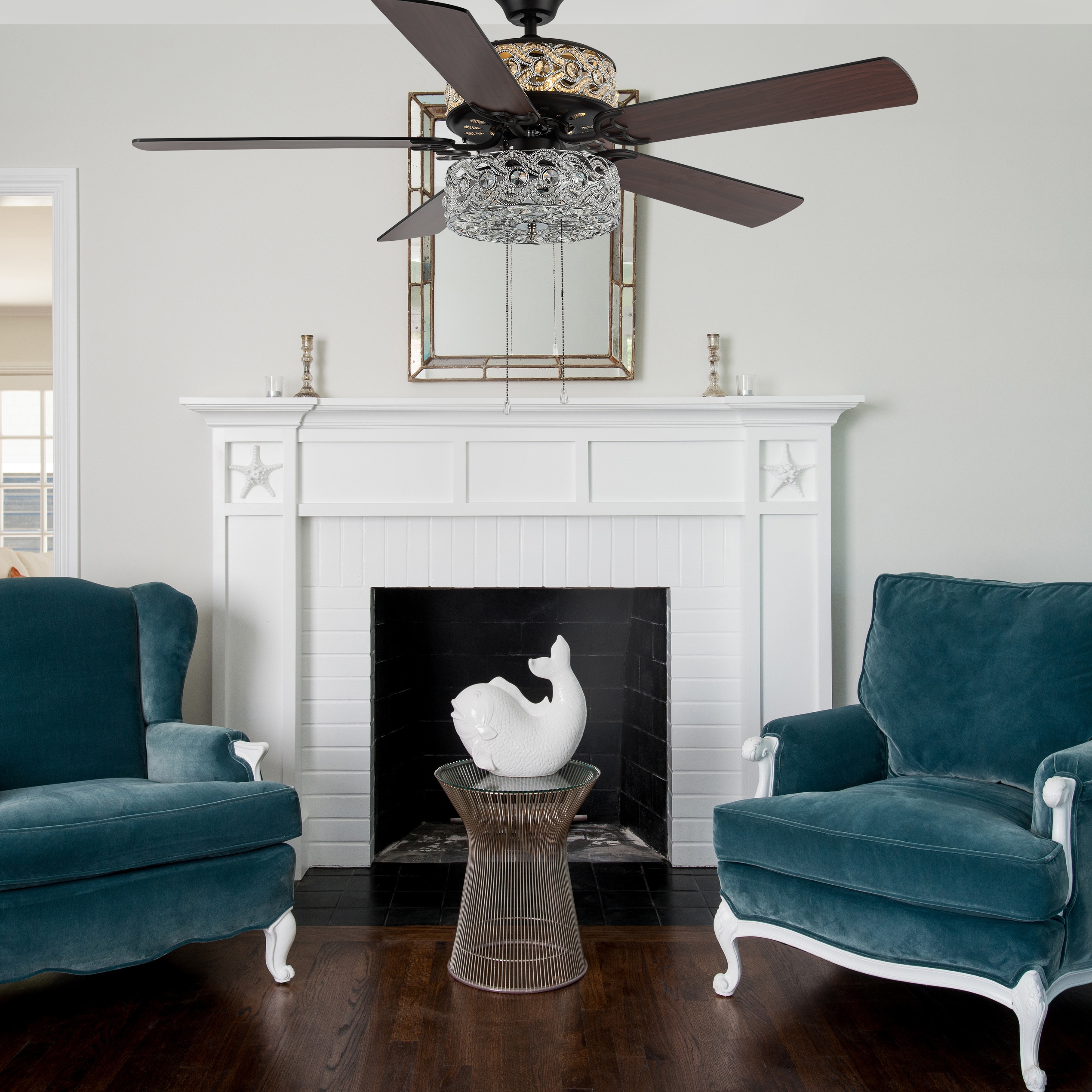 52" Silver and Black Crystal Chandelier Ceiling Fan with Reversible Blades