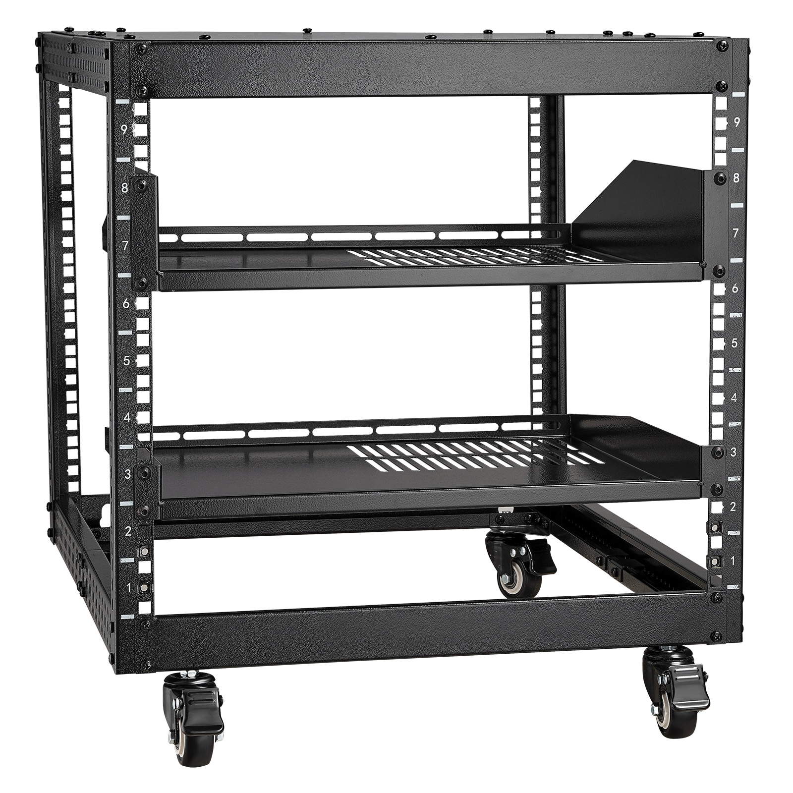 VEVOR SCKFSJJHS9UJ06428V0 9U Open Frame Server Rack  23 in 40 in Adjustable Depth  Free Standing or Wall Mount Network Server Rack with 360° Casters  Heavy Duty 4 Post Holds All Your Networking IT Equipment AV Gear Router