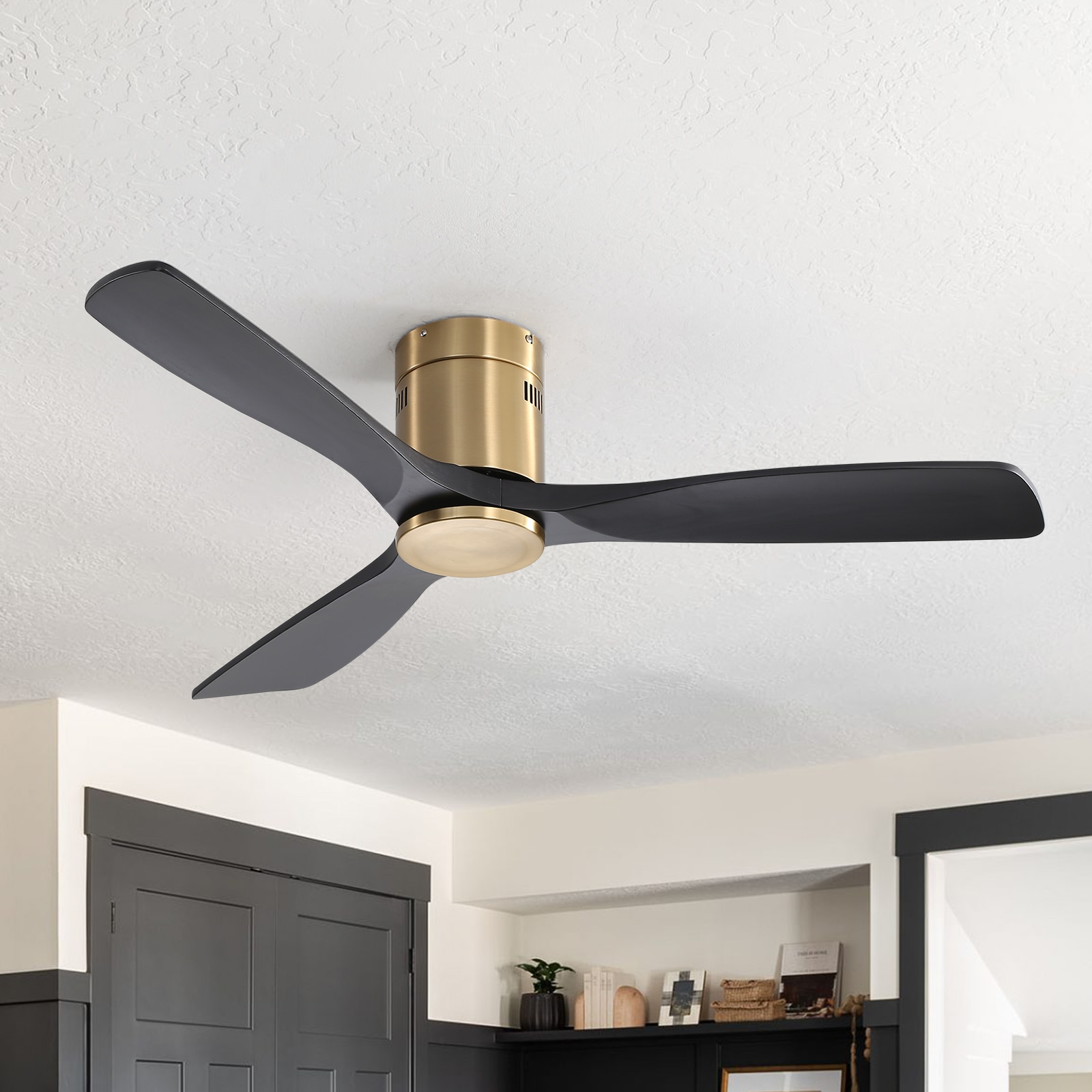 Sofucor LS-52143-BG-WD-YH-W Nicola 52-in Outdoor Flush Mount Gold with Black Blades Ceiling Fan and Remote ( 3 -Blade )