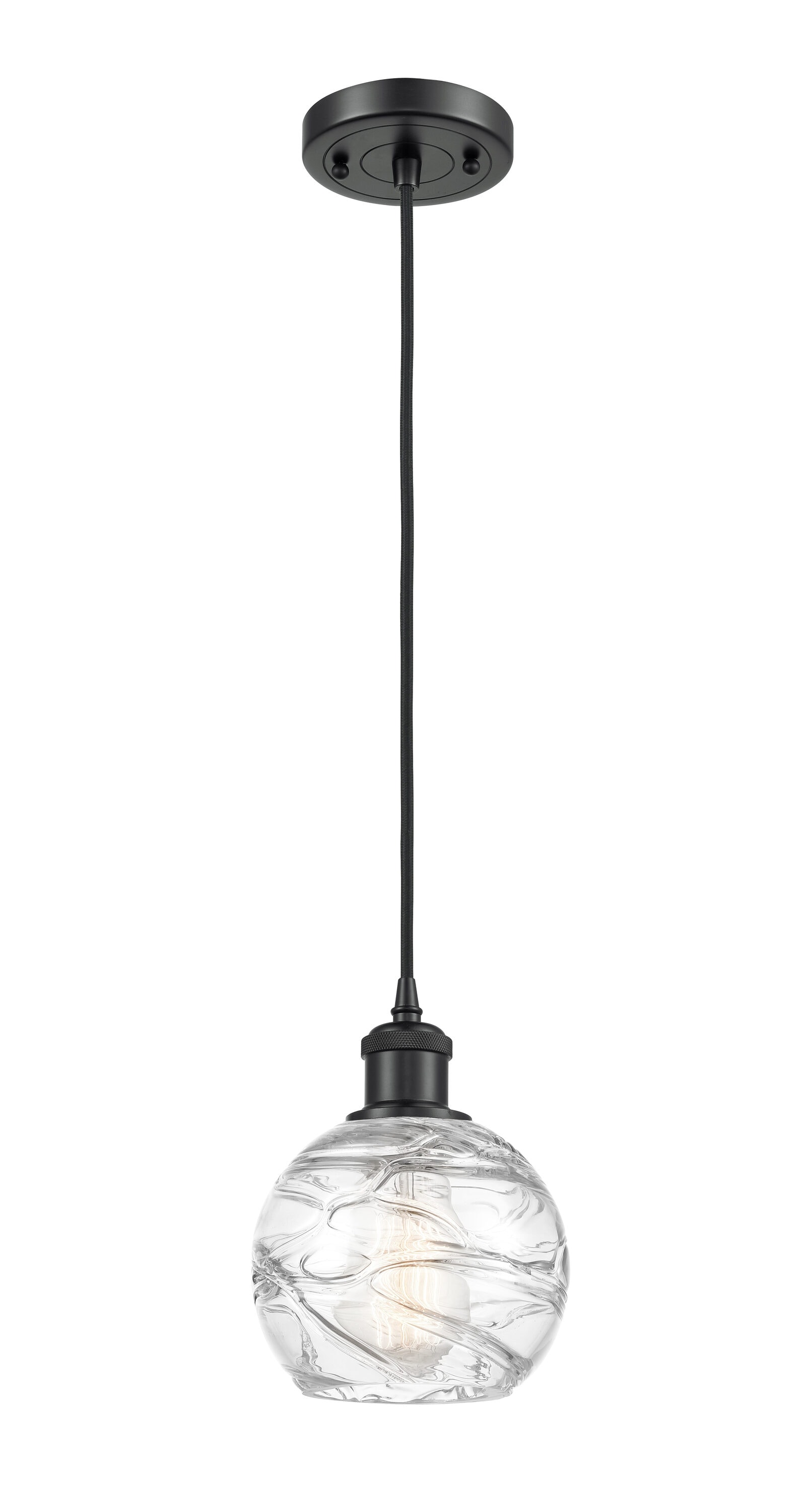Innovations Lighting 516-1P-BK-G1213-6 Athens Deco Swirl 1 -Light Clear Deco Swirl, Matte Black Industrial Clear glass Globe Mini Hanging Pendant light