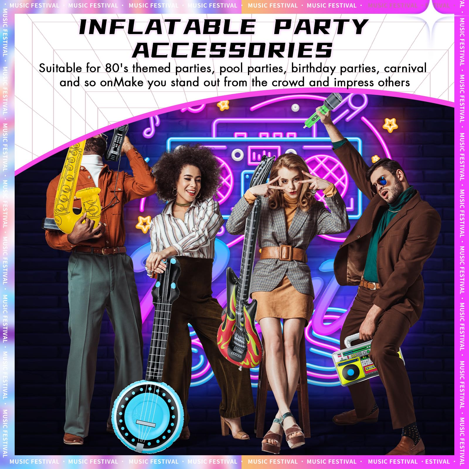 Musique Carnaval Instruments Gonflables 22Pcs - Guitare, Saxophone, Micro | Pour Fête, Photo Booth | Avec Pompe à Air Photobooth Gonflable